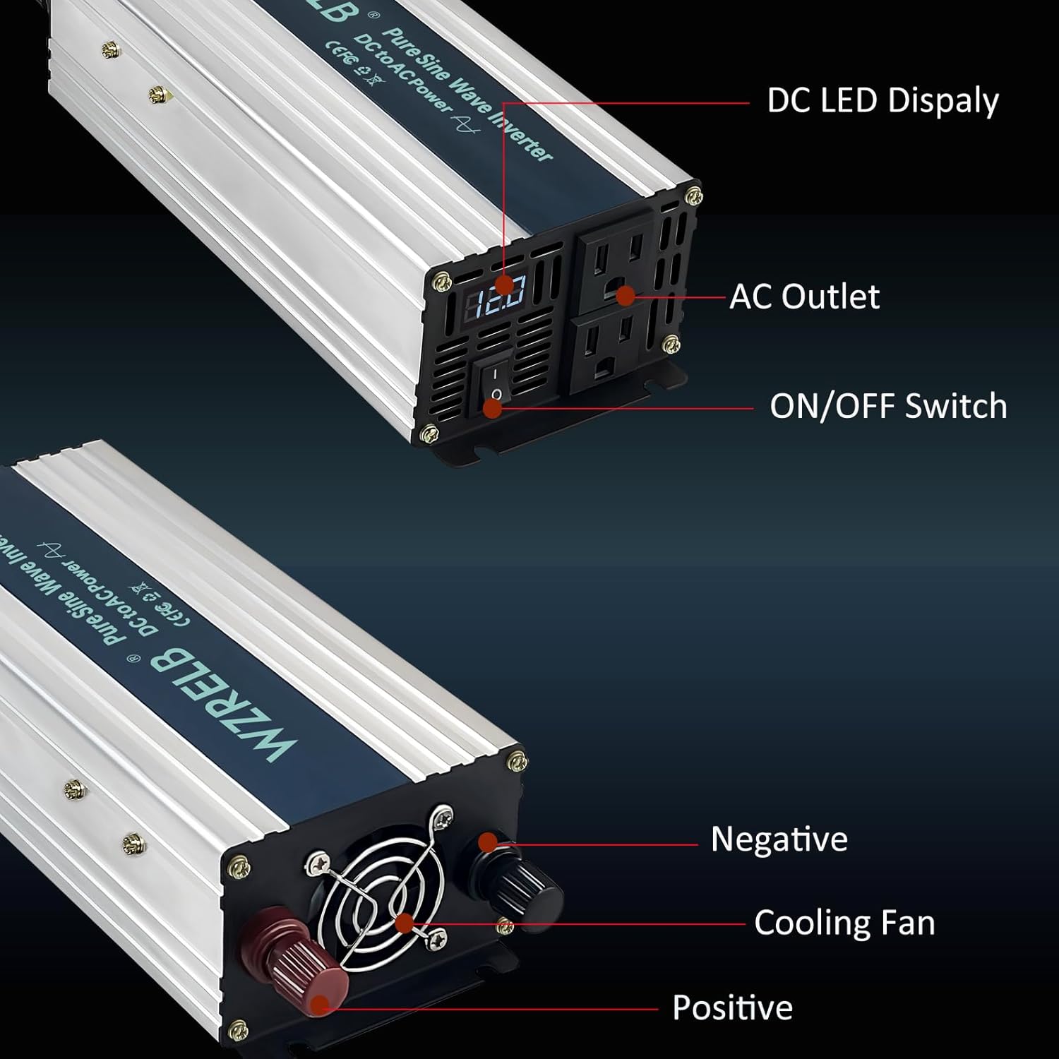 WZRELB 1000W Pure Sine Wave Inverter front and back view miaraka amin'ny marika