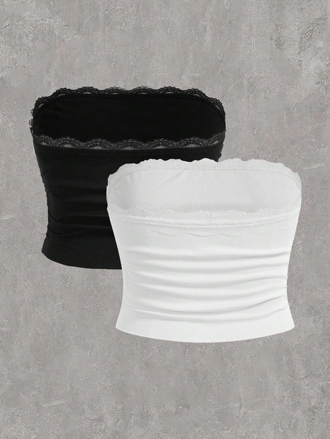 Floerns Women's 2 Pcs Plus Size Solid Strapless Lace Ruched Front Crop Tube Top - Image 2