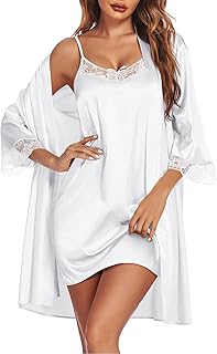 Sleepwear Women's Satin Nightgown with Robes Set 2 Piece Sexy Lace Cami Nightwear