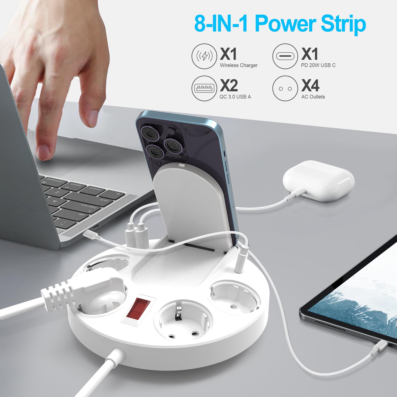 Ciabatta elettrica con USB, multipresa con porte USB C/A, 4 prese e caricatore wireless da 15 W, PD 20 W, protezione da sovratensione con interruttore per ufficio, casa