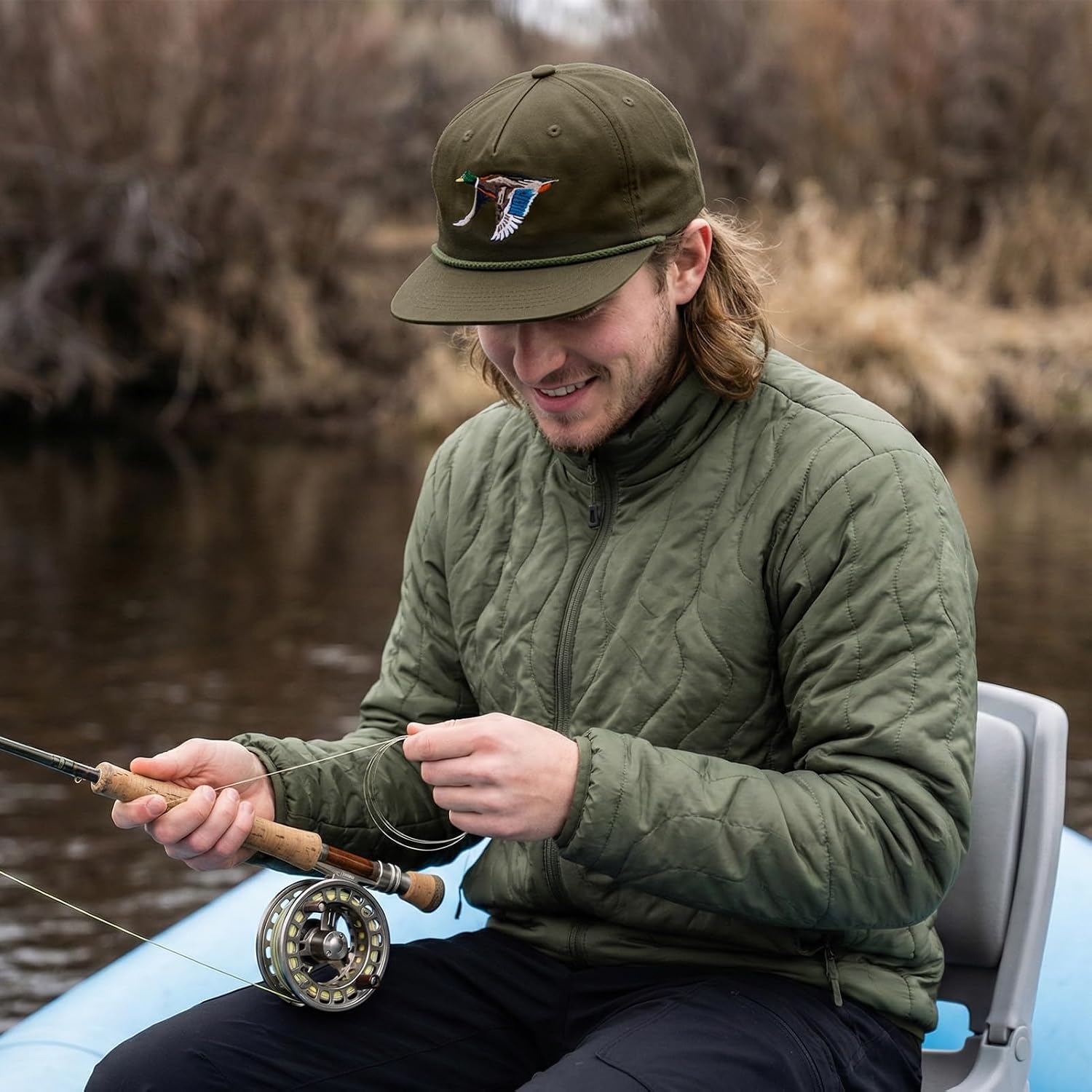 BASSDASH Embroidered Soft Top Flat Brim Duck Hat Snapback Cap for Hunting, Fishing, and Outdoor Activities