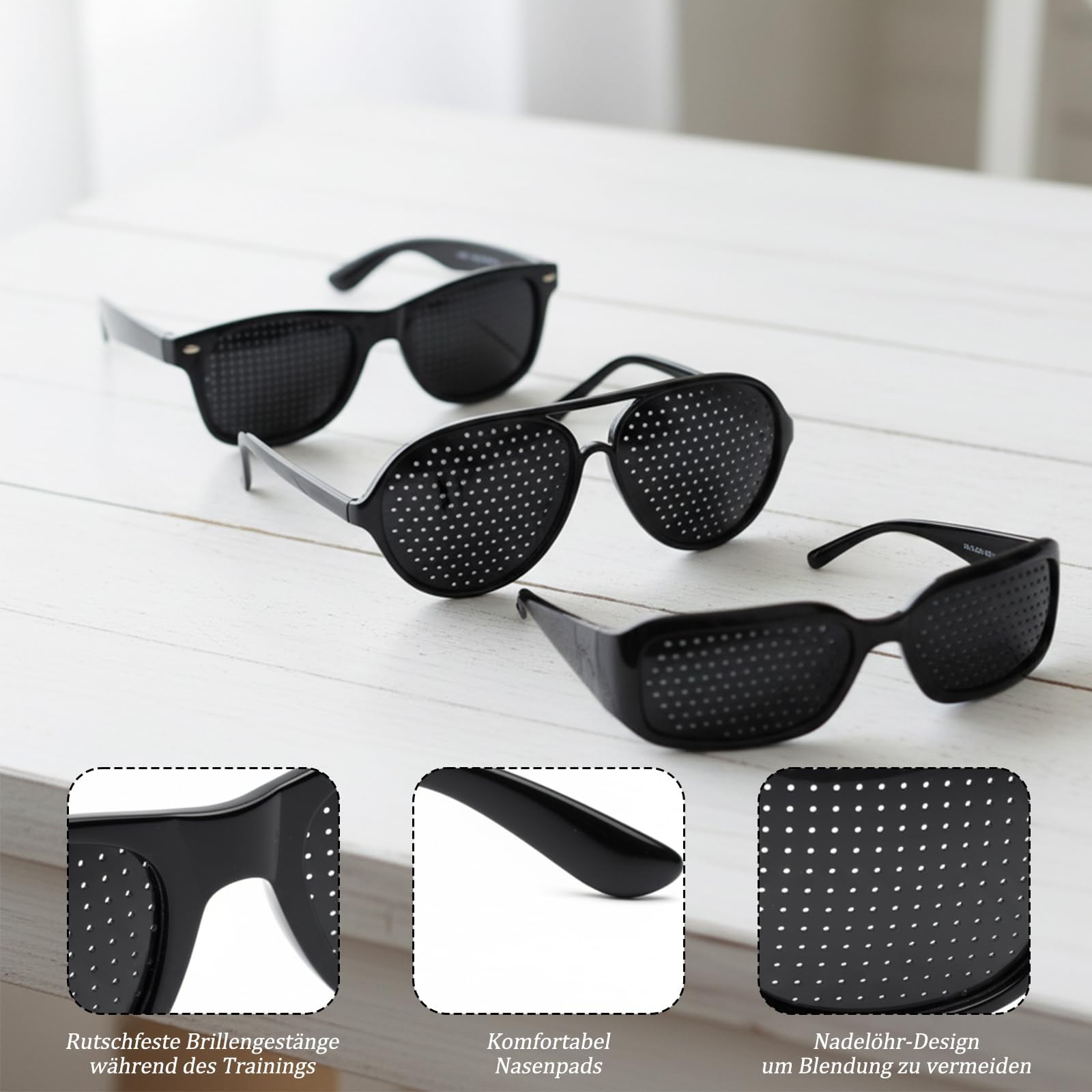Rasterbrille, Lochbrille für Augentraining Original, 6 Stück Brillenset mit breiten, schmalen und dünnen Rahmen, Pinhole Glasses zur Entspannung der Augen, verschiedene Größen für individuellen Komfor