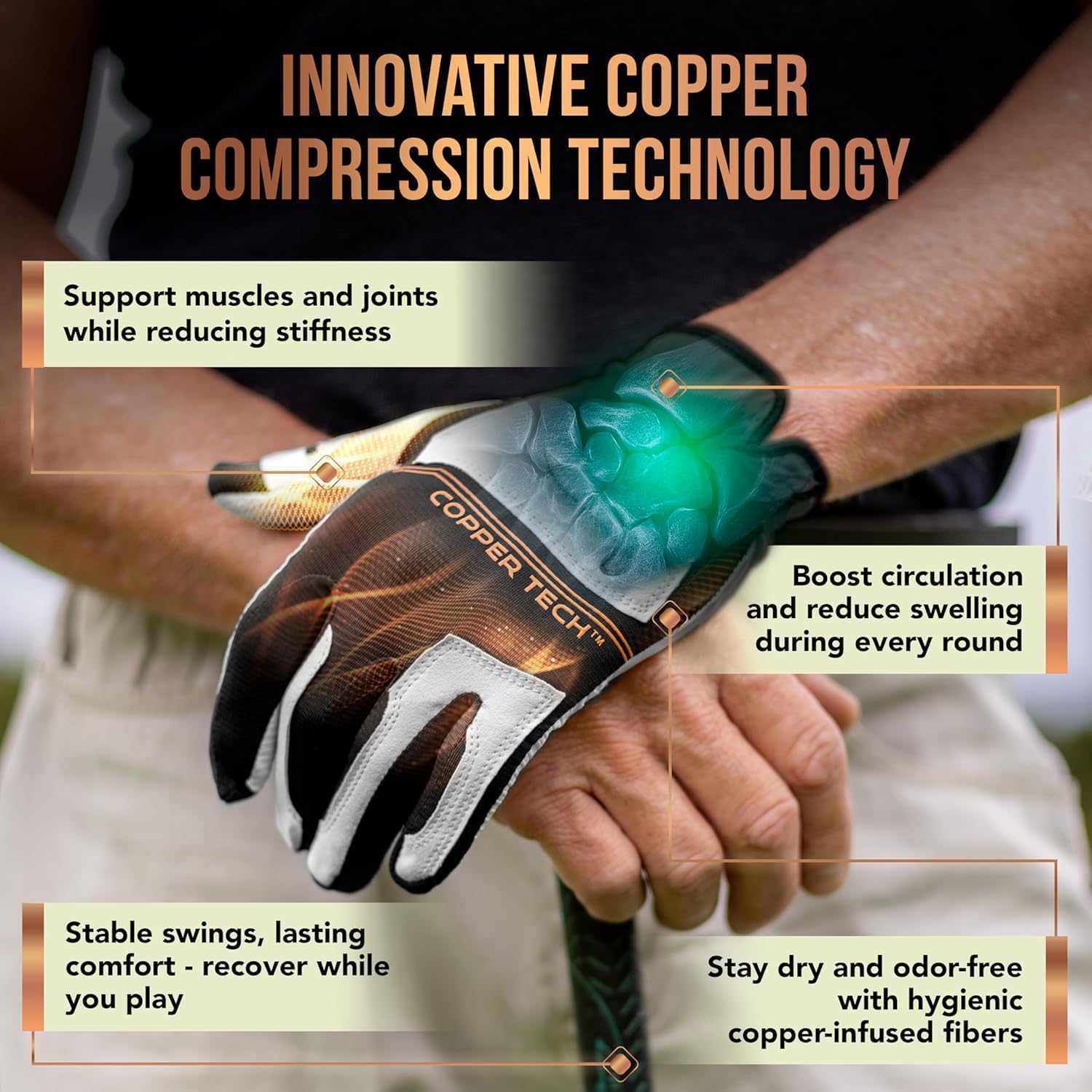 Copper Tech Golf Gloves Men Right Handed Golfer Or Left Handed Golfer (2 Pack)| Copper Compression Joint Support | Flexible & Comfortable Fit with AAA Leather