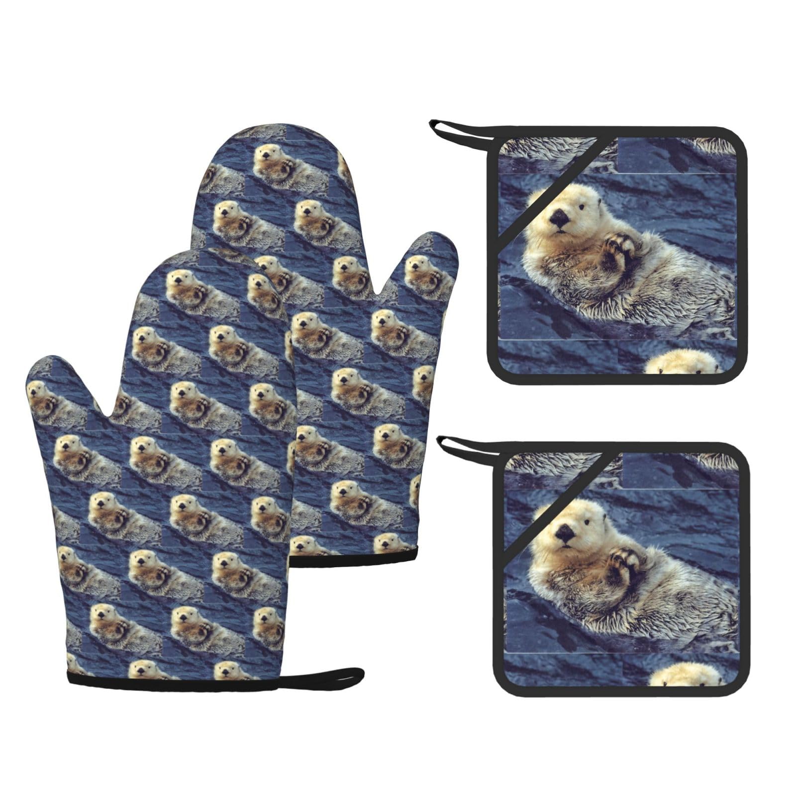 White Otter Printed Potholder and Oven Mitt Set of 4, High Heat Resistant Cooking Gloves for BBQ Grilling