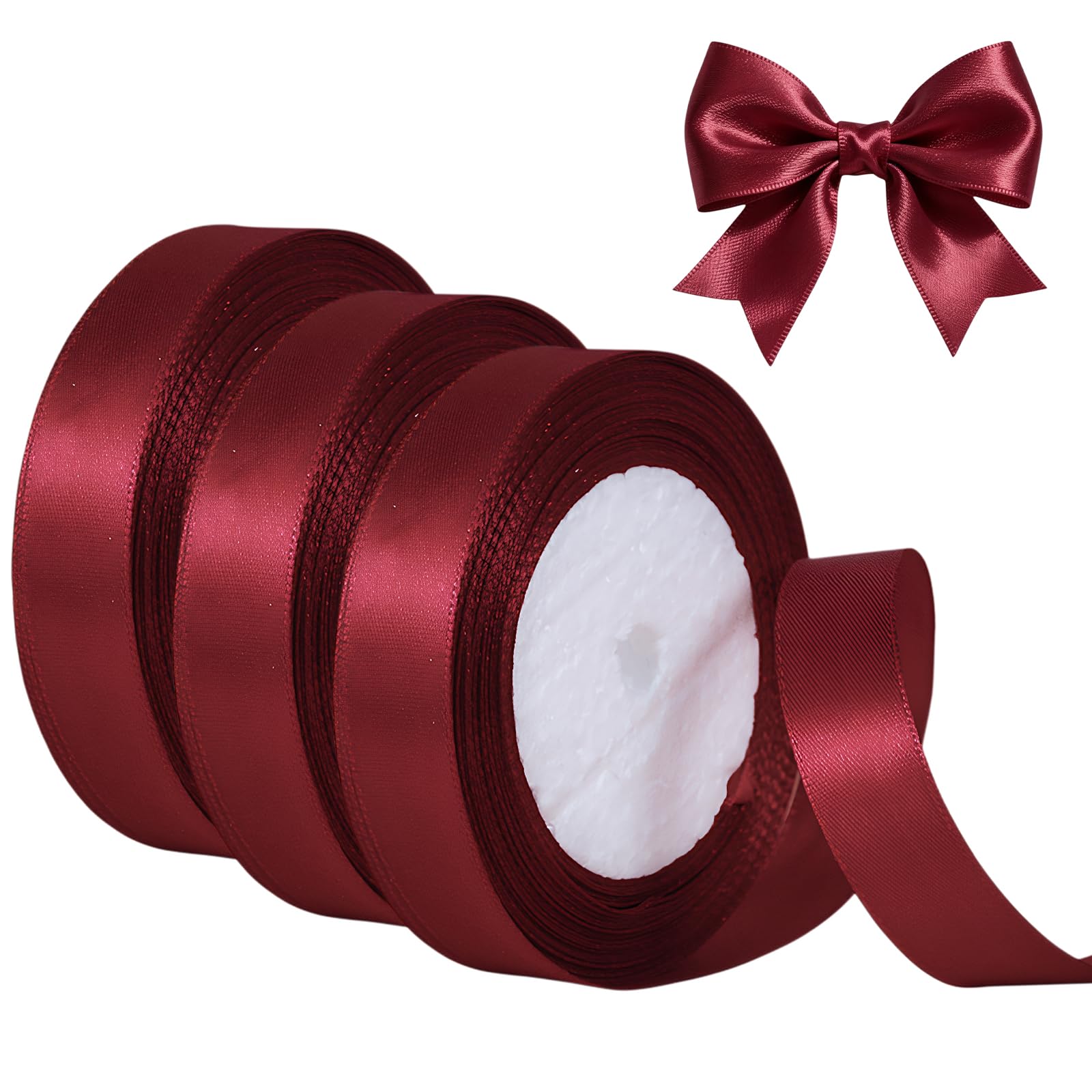 3 Roll Burgundy Satin Ribbon, Dark Red Gift Wrap Satin Ribbon, 2cm x 22m