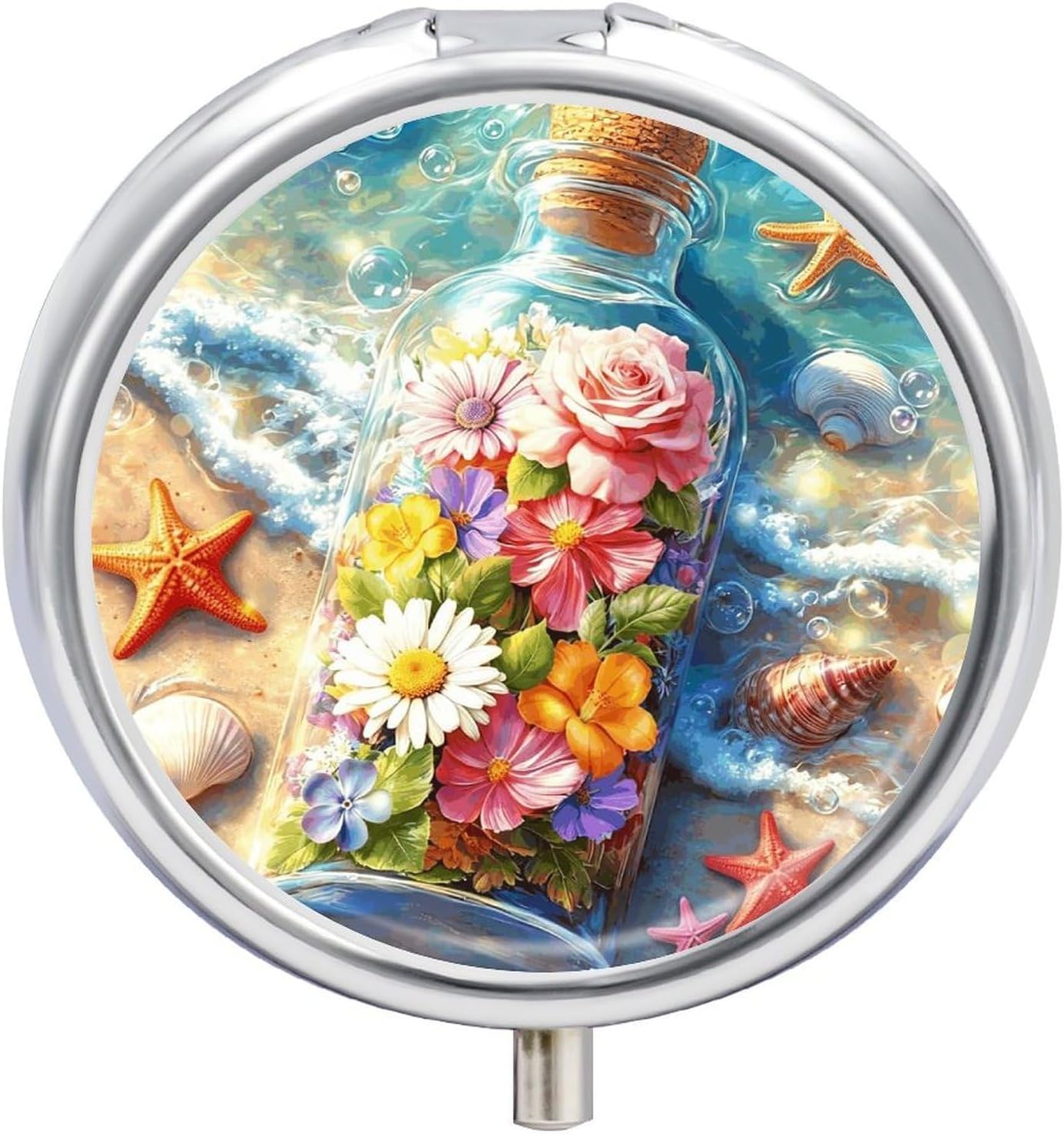 Beach Flower Round Pill Box with 3 Compartments & Mirror
