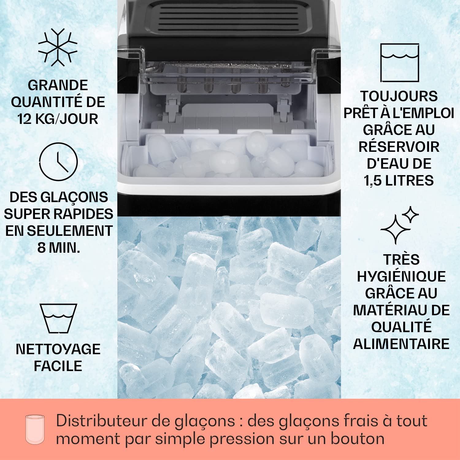 Klarstein Machine a Glacons pour la Maison, Capacité de 1.5L, Fabrique Rapidement Jusqu'à 12kg de Glacons, Machine a Glaces Petits et Grands Glaçons en Forme de Balles, Autonettoyante, Ice Maker