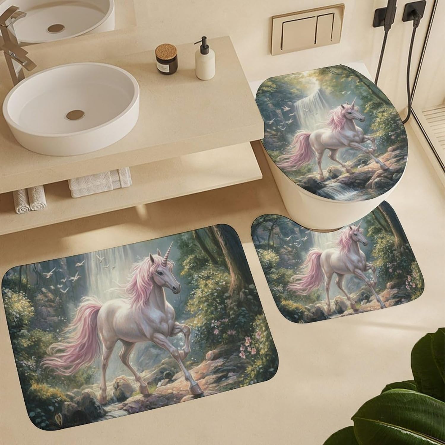 Unicorn Shower Curtain Sets with Toilet Lid Cover and Rugs, Fantasy Animals Bathroom Decor Set with Rug U Shape Mat, Waterproof Shower Curtain with 12 Hooks
