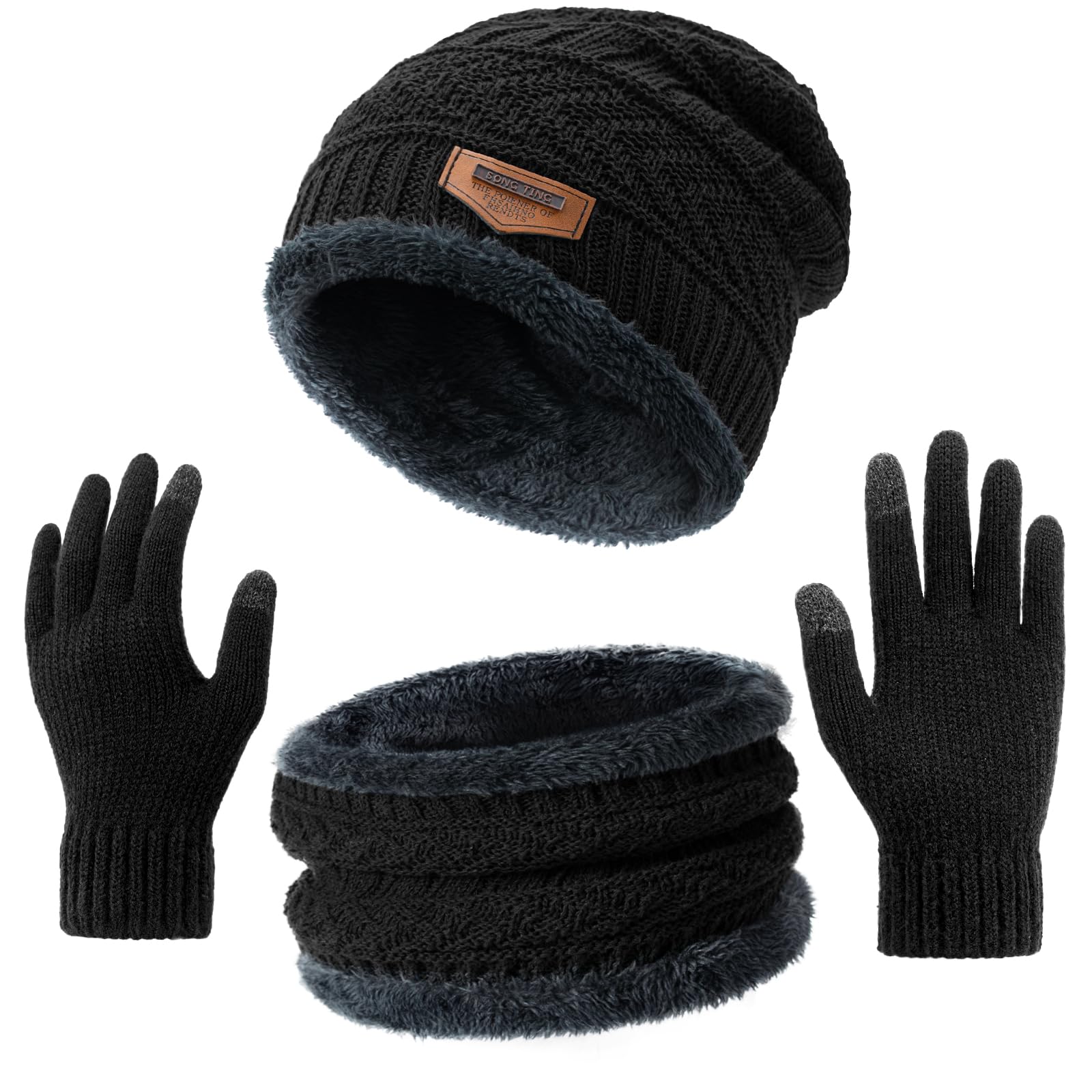 Wintermütze Beanie Schal Touchscreen Handschuhe Set für Herren/Damen, Warm Strick Fleece Gefüttert Skull Cap Handschuhe Hals Set, Winter Geschenk