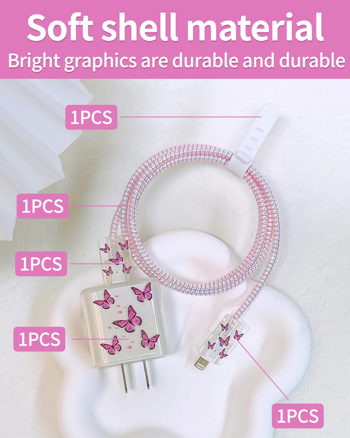 Protezioni a Forma di Fiore, Kits di Cavi Protezioni Compatibile con iPhone, Protettivi per Caricabatterie USB-C per Donne, Antigoccia Impedisce de Cavo Linee Dati, Anti-Rottura da Gatto(Rosa)