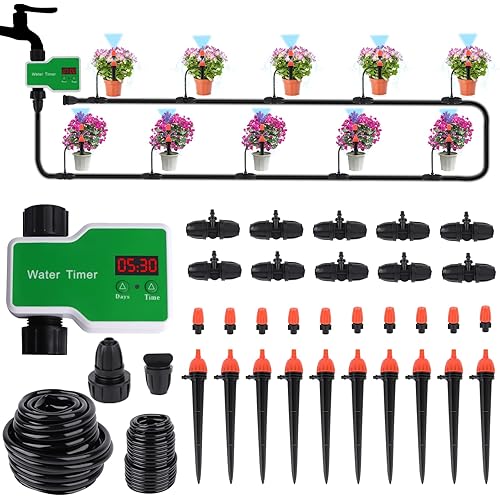 Suewidfay Drip Irrigation System Kit 48FT Tubing Hose Garden,Sprinkler Water Hose Timer,Automatic Watering System Devices/10pcs Drippers for Outdoor Plants/Potted Plants/Yard