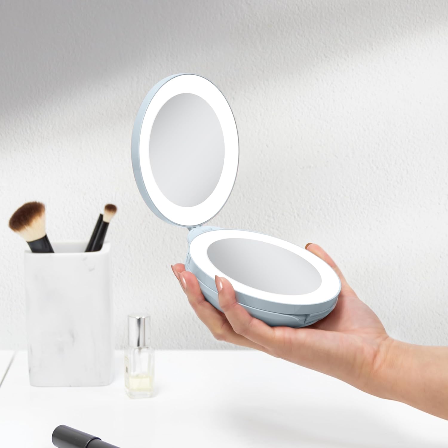 Zadro Compact Travel Makeup Mirror with Lights, 10X/1X Dual Magnification, LED Lighted Folding Design, Battery Operated Portable Mirror for Purse, Desk, or Travel Use (French Blue)