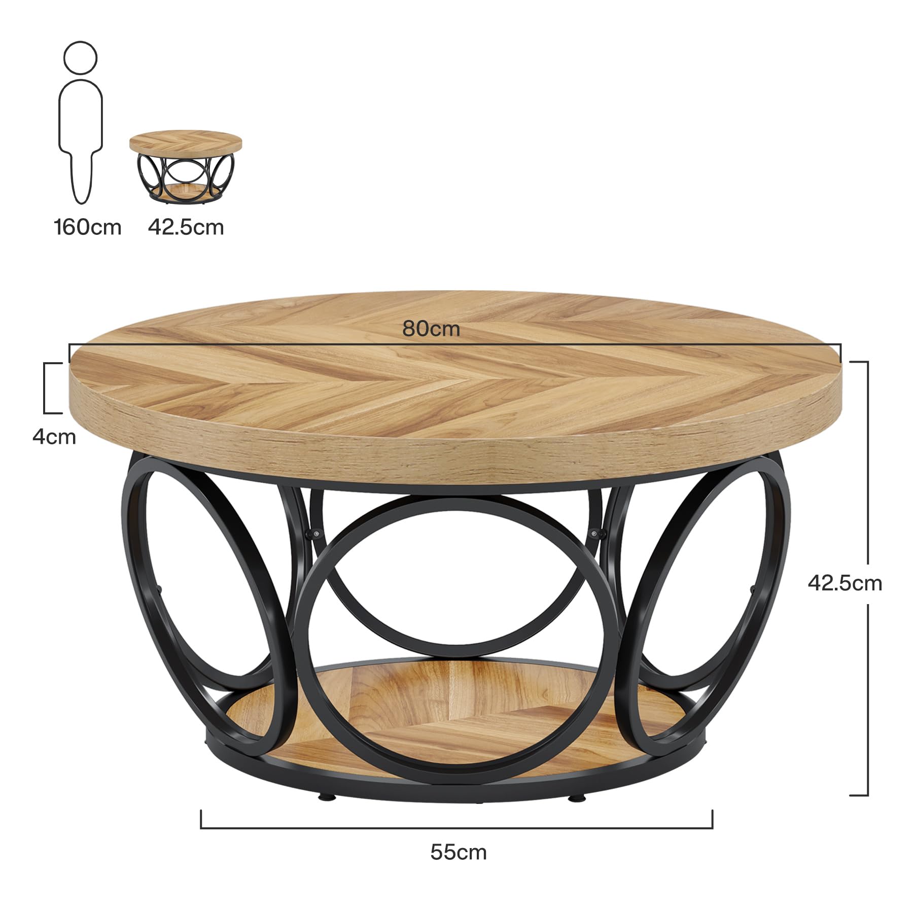 Tribesigns Runder Couchtisch, 80 cm Holztisch mit 2-Ebenen Lagerung, Bauernhaus Große Runde wohnzimmertisch, Moderne Einfache Braune Teetisch (Holzmaserung)