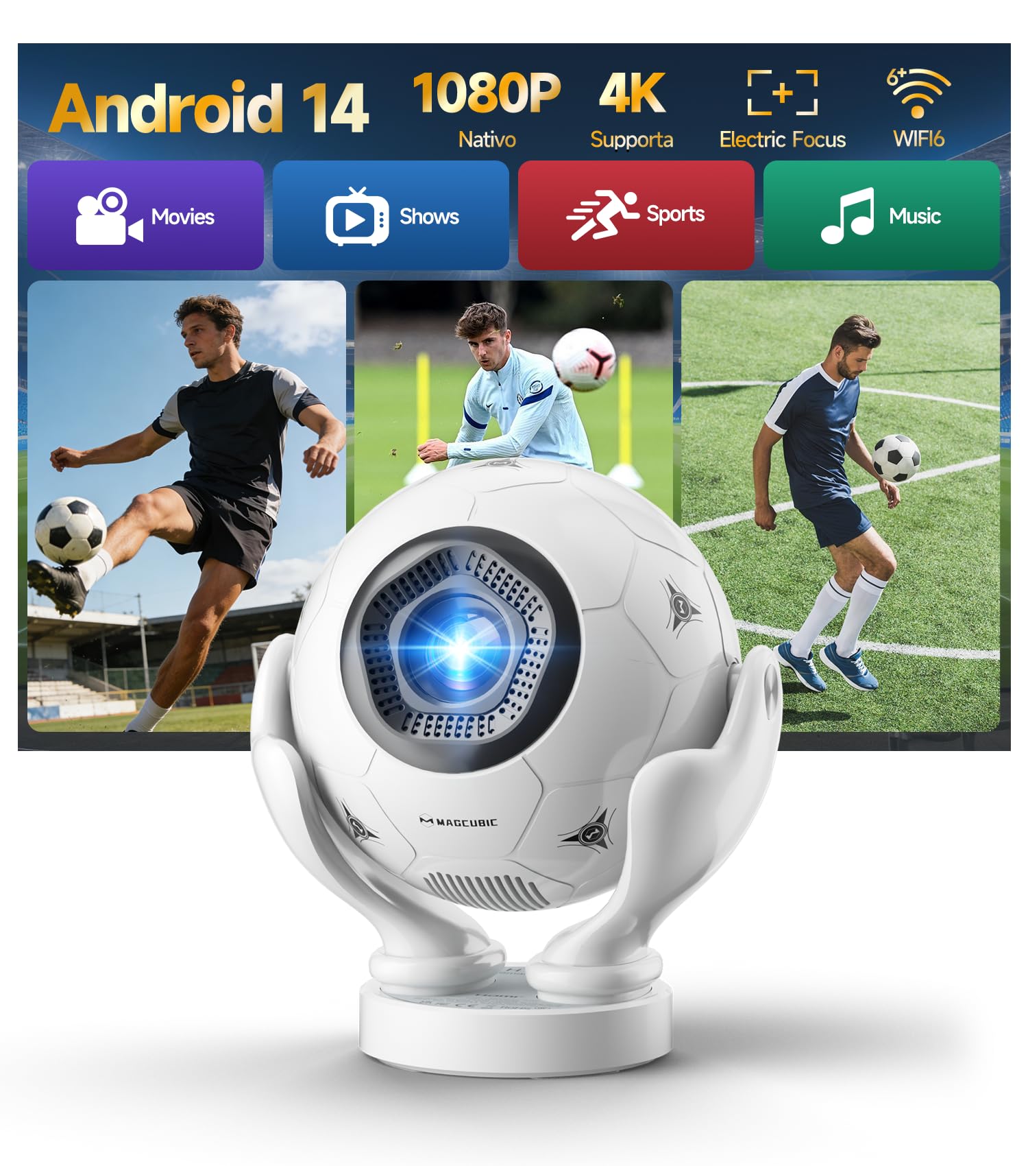Magcubic Proiettore Portatile 4K, Android 14 con WiFi 6 e BT 5.4 | Mini Videoproiettore 1080P a Forma di Pallone da Calcio, Rotazione 180°, Focale Auto, Proiettore per Home Cinema, Gaming