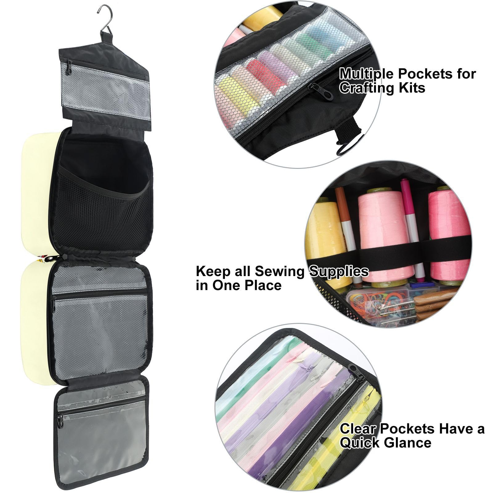 YNNALE Sewing Supply Organizer Bag, 70s Car Light Yellow Retro Cars Portable Sewing Bags with Pockets&Hanger, Sewing Storage Box Case for Sew Supplies/Kit/Tools/Accessories (BAG ONLY)