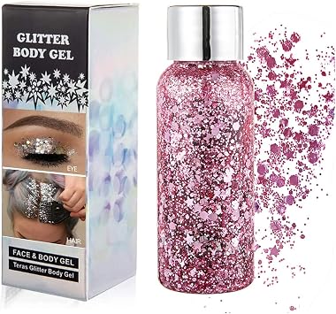 Body Glitter Gel, Mardi Gras Chunky Face Glitter Mermaid Sequins, Sparkly Hair Glitter,Singer Concert Festival Rave Accessories, Halloween Body Painting #03 Pink