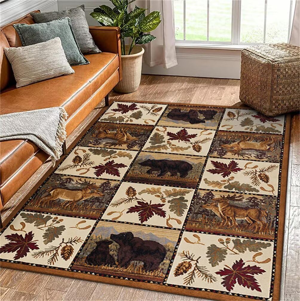 Tapis chambre enfants lavable 140x200cm brun motif animaux de la forêt