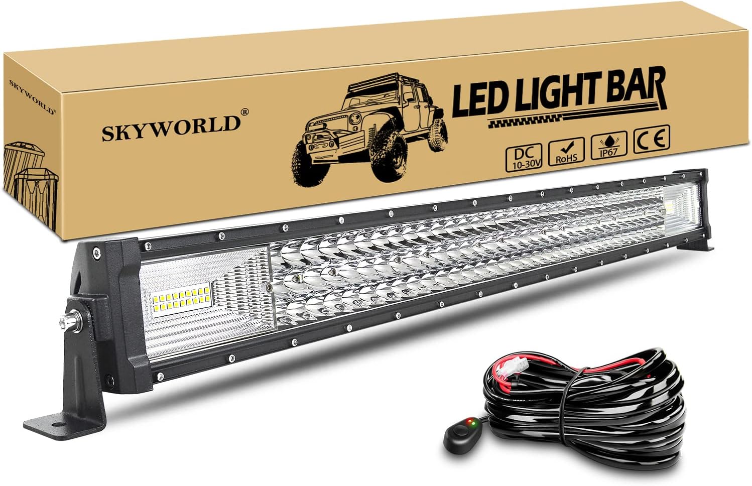 SKYWORLD LED Work Light Bar 32 Inch 82 cm 405 W Three Row LED Light Strip Work Light Spot Flood Beam with Wiring Harness Kit for Truck Tractor 4x4 4WD ATV UTV SUV Boat Off Road Car 12V 24V