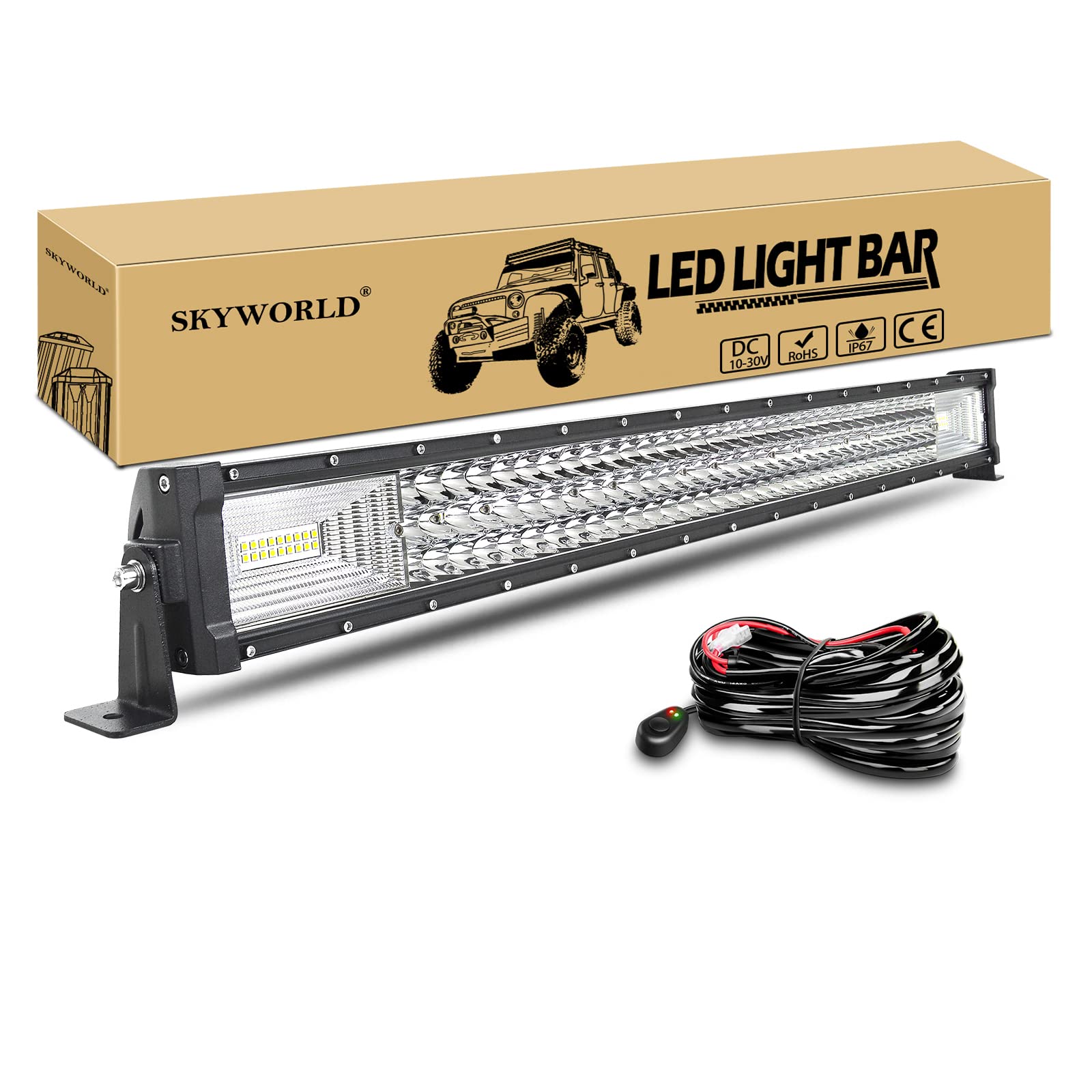 SKYWORLD 32 cale 405 W potrójny rząd LED listwa oświetleniowa Slim Spot Flood Combo Beam Work Driving lampa przeciwmgielna oświetlenie łodzi z zestawem wiązki przewodów do traktorów 4 x 4, traktorów,