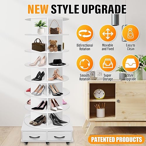 Miniatura 3 de La torre giratoria de 8 niveles contiene 2 cajones, estante giratorio para zapatos Lazy Susan, 360 estantes giratorios para zapatos, carrusel