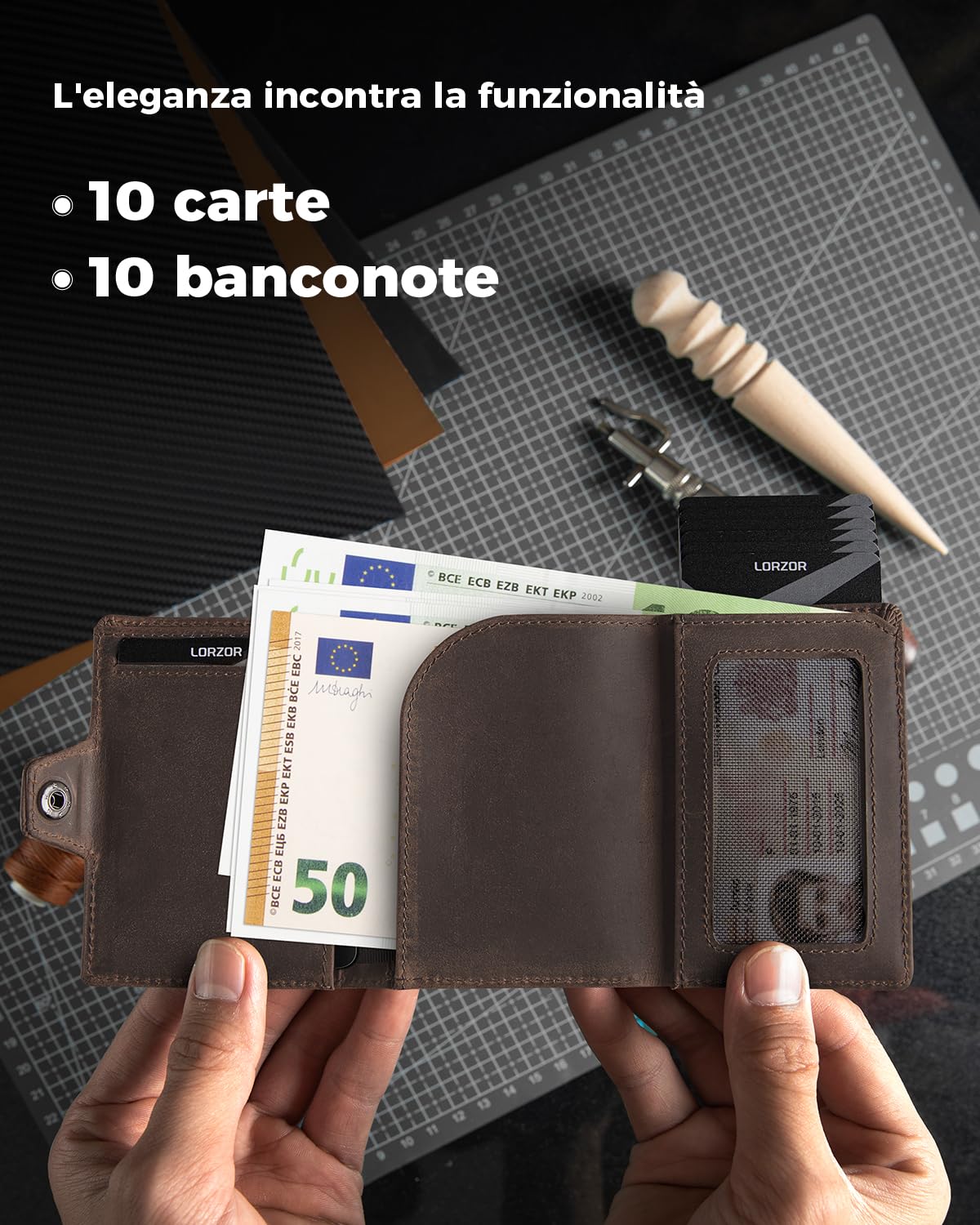 LORZOR® Portafoglio Airtag, Portacarte Uomo di Pelle Vera, Portafoglio Uomo Slim con Porta Carte di Credito e Portamonete, Portacarte Airtag con blocco RFID, per 10 Carte, Moderne (Marrone scuro)