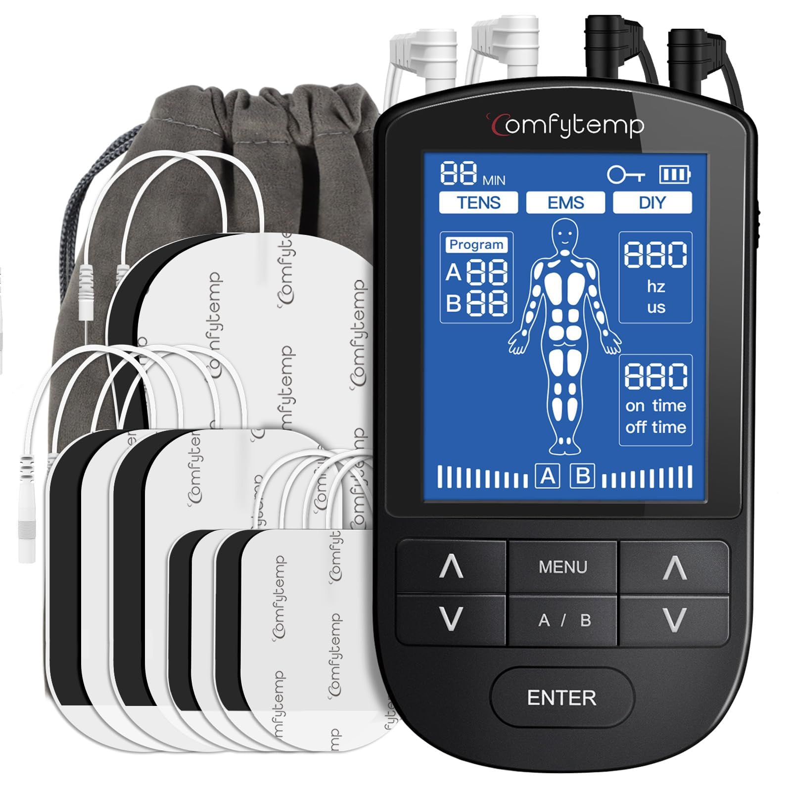 Comfytemp 3-in-1 TENS/EMS Gerät, 24 Modi mit DIY, Schmerztherapie Muskelstimulator für Bein,Rücken,Schulter,Arm Muskel MassageGerät mit 10 Elektroden Pads K6105