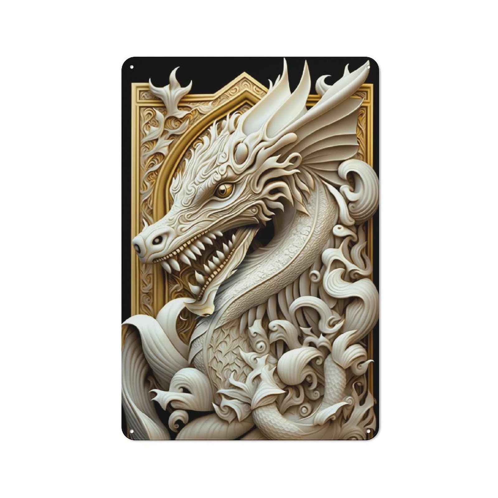 Junmoney Style-7 Industrial Metal Sign With White Dragon Art Deco Design 30X20cm, Clean Industrial Urban Room Decor For Flat, Bar, Studio Or Gallery Wall