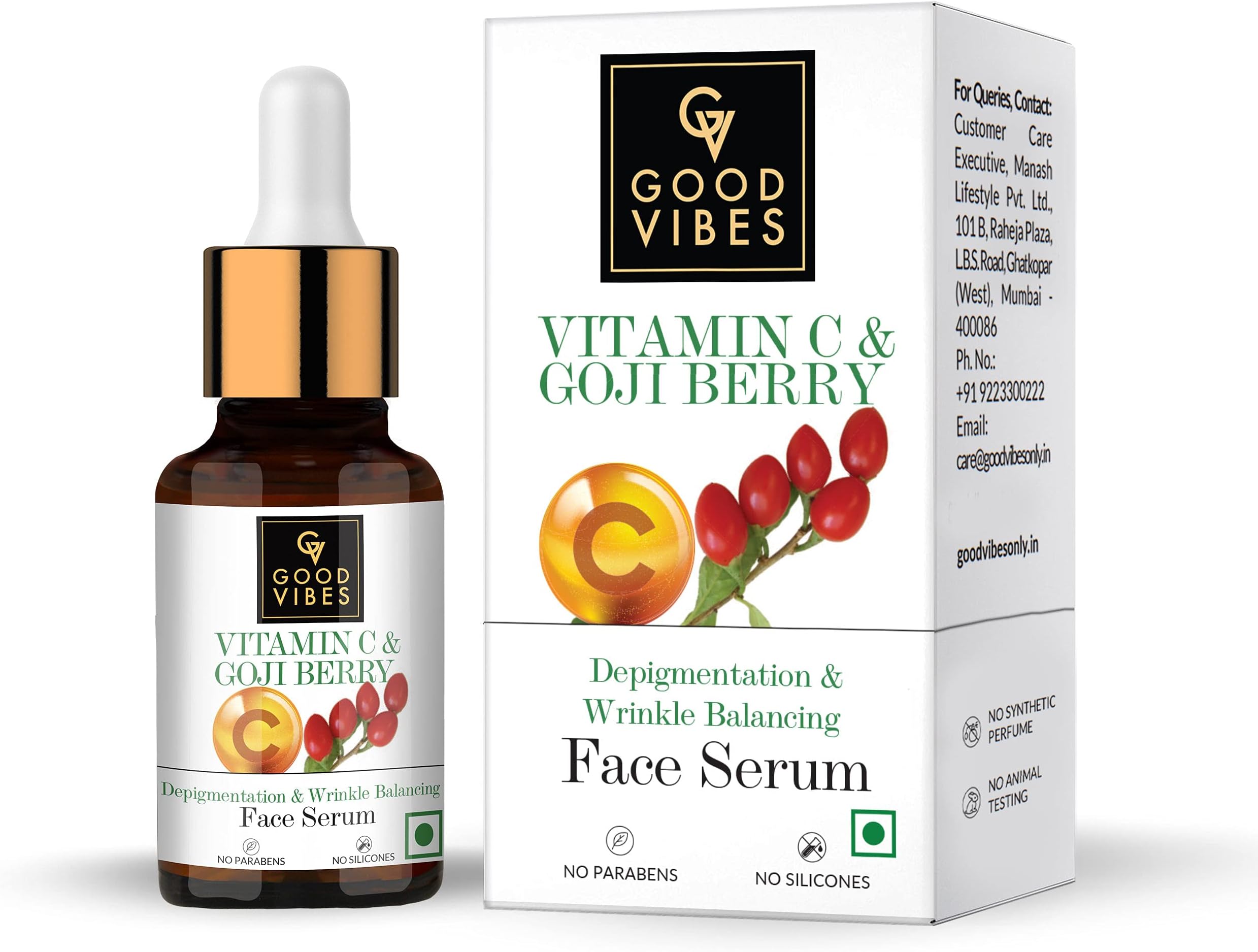 Good Vibes Vitamin C & Goji Berry Depigmentation & Wrinkle Balancing Face Serum, 10 ml Light Weight Formula With Anti Ageing Properties For All Skin Types, No Parabens, No Animal Testing
