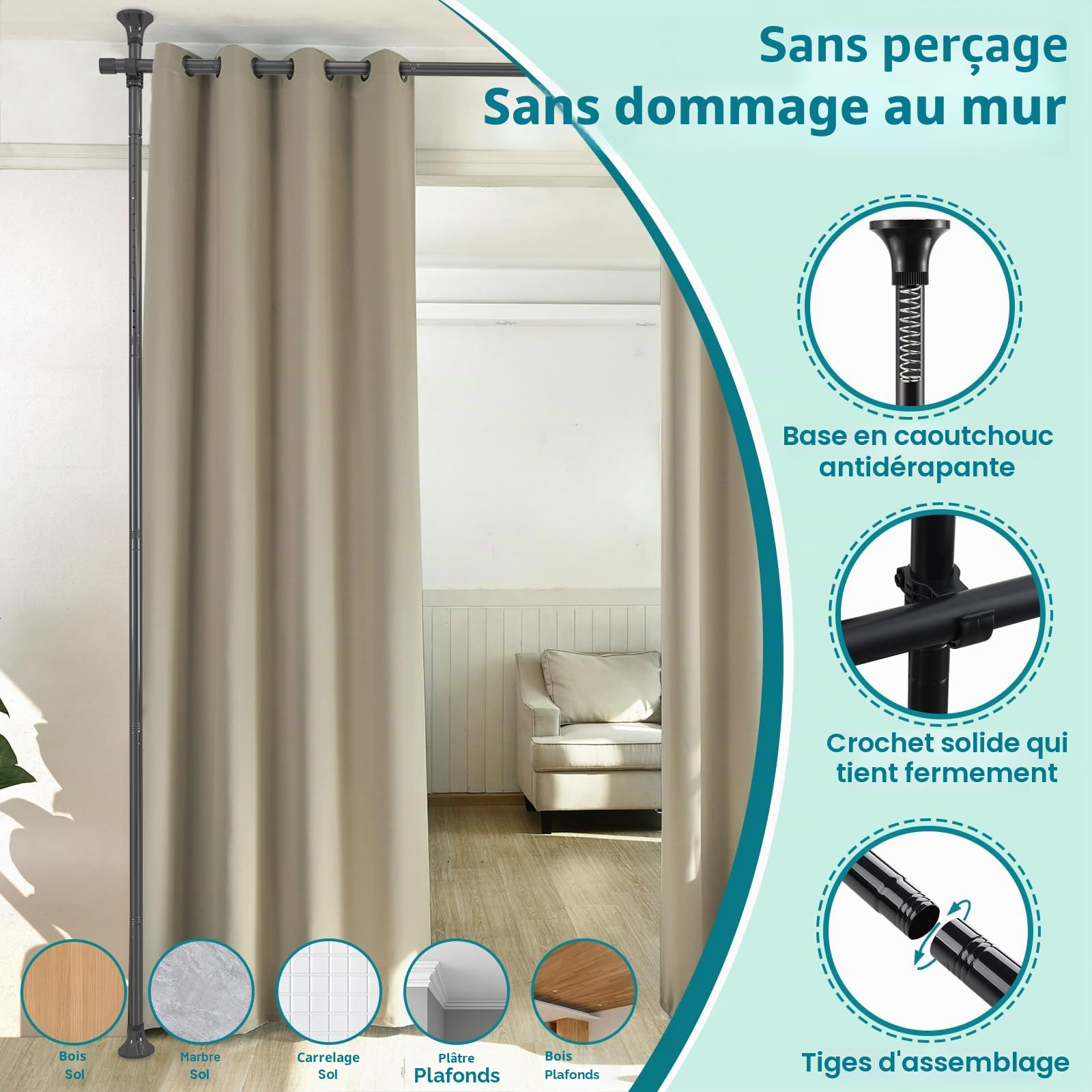 Séparateur de pièce, sans perçage, à suspendre, réglable du sol au plafond, séparateur de pièce d'angle robuste, 304,8 cm de haut, 289,6 cm de large