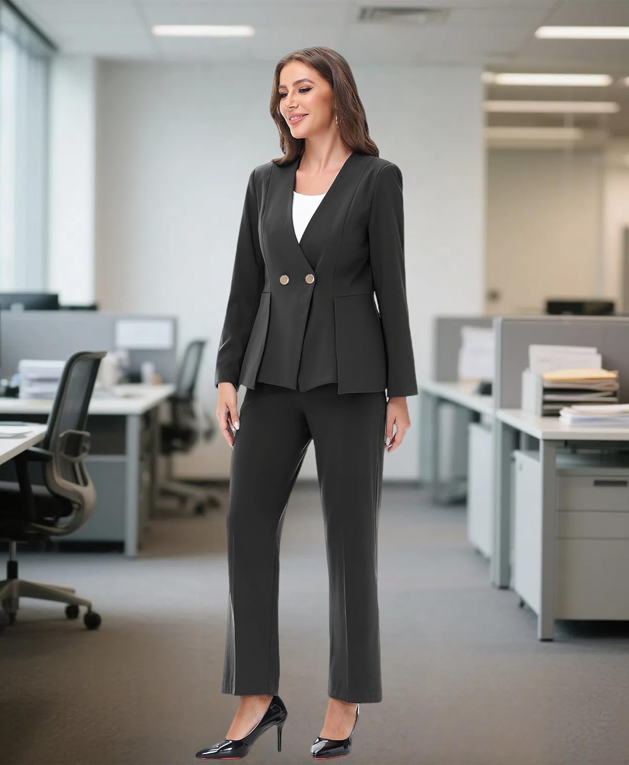 Lamgool Pants Suit for Women Dressy Casual 2 Piece Set V Neck Two Button Blazer Pants Set Business Casual Outfits - Image 2