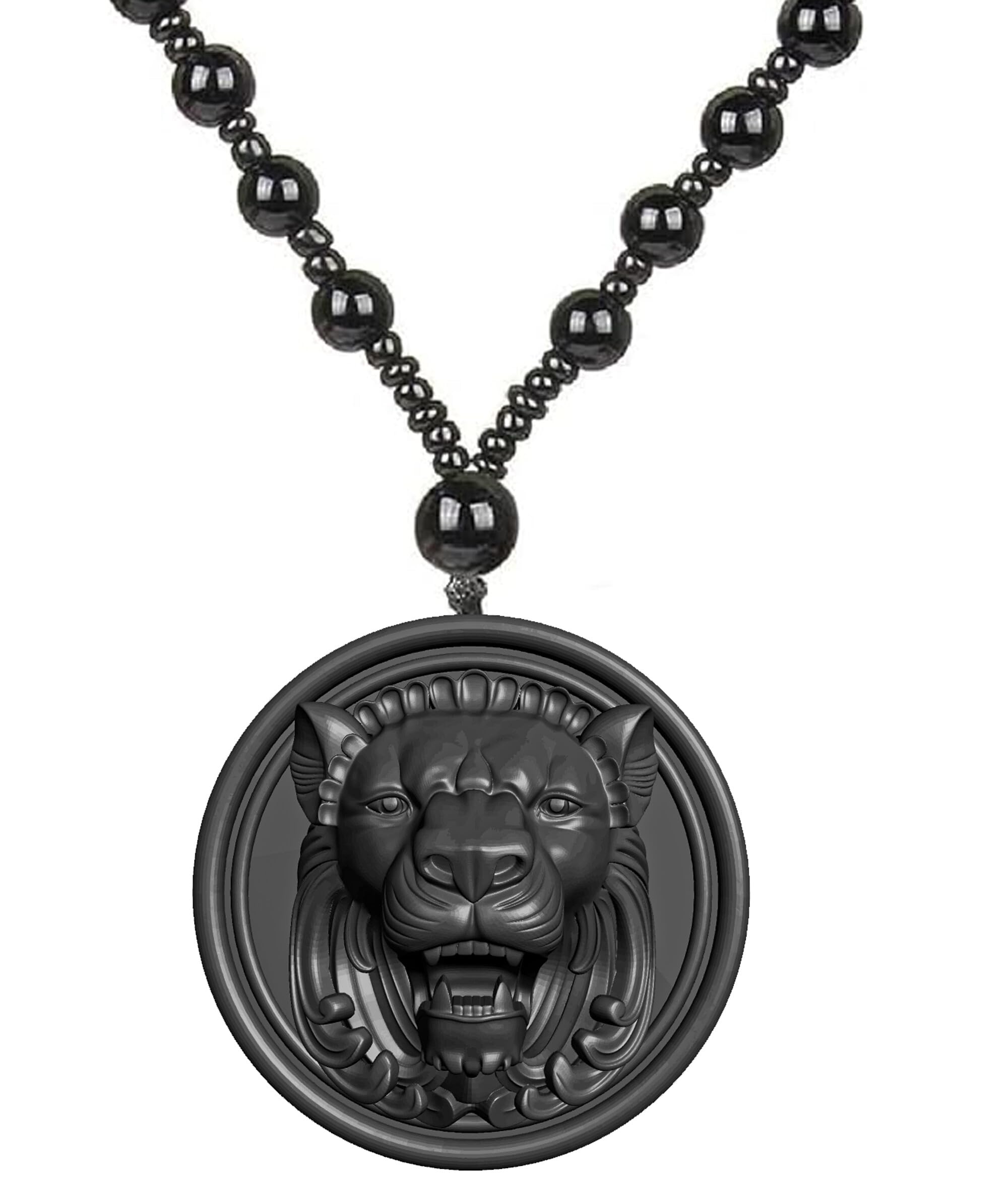 Tiger Head Tribal Pendant Necklace for Men Boys Bold Resin Black beaded Mala Jewelry Gift Handcrafted Detailing Fierce Matte Finish Unisex Accessory for Strength, Confidence Gift for Boyfriend-image-3