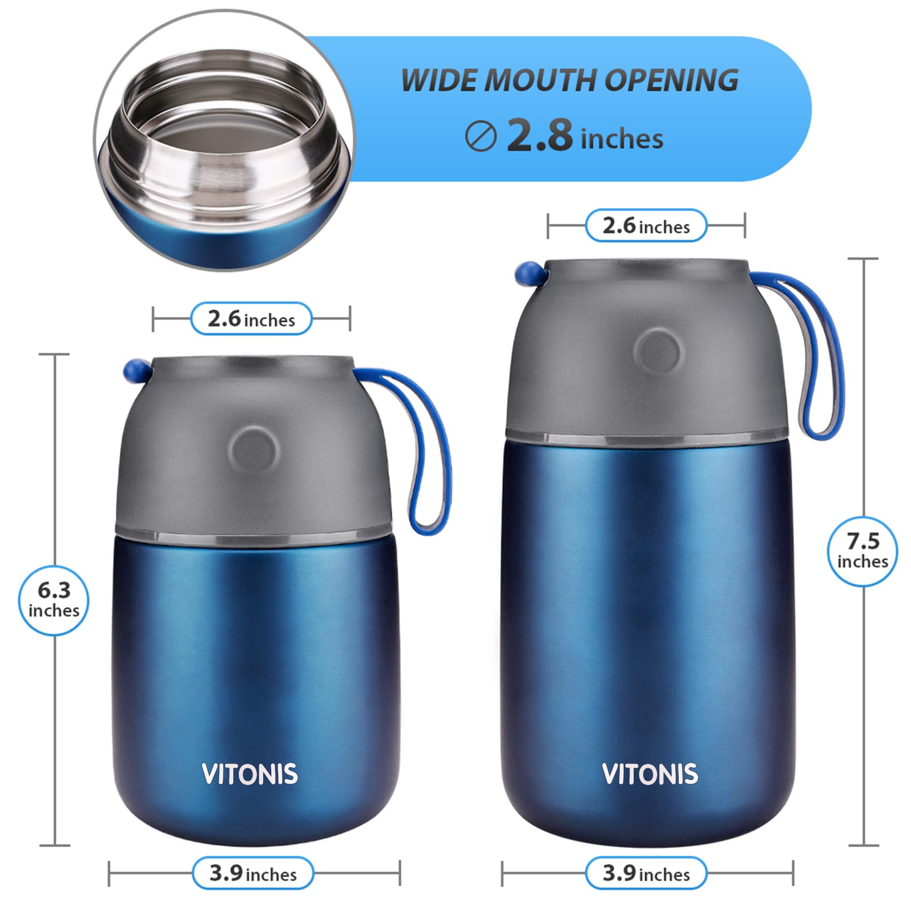 Recipiente térmico para alimentos, 500 ml y 700 ml, de acero inoxidable, con cuchara plegable, 2 recipientes aislantes, azul