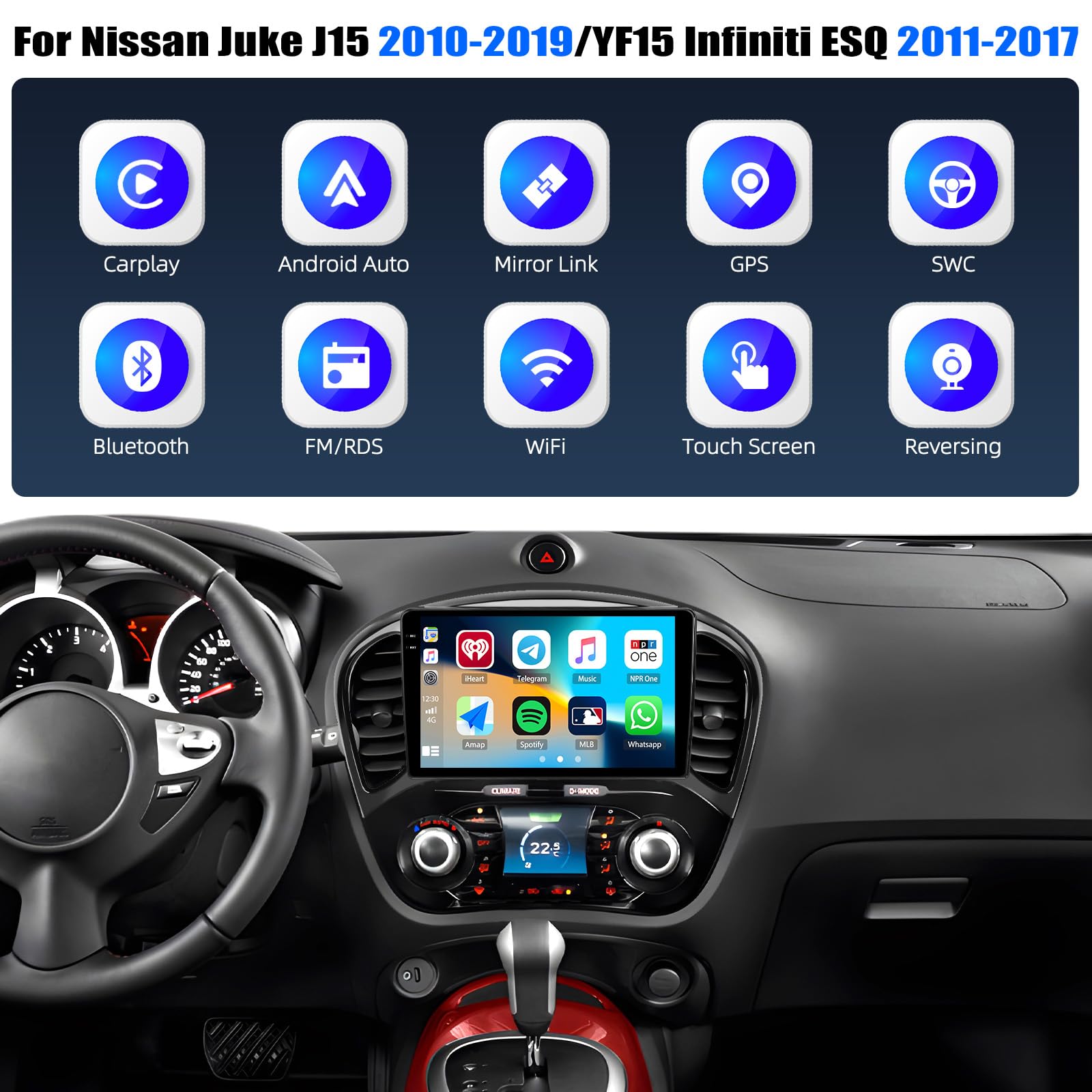4+128G Android 15 CAMECHO Autoradio para Nissan Juke J15 2010-2019/YF15 Infiniti ESQ 2011-2017, Radio 9 Pulgadas con Bluetooth GPS WiFi Inalámbrico Carplay Android Auto FM RDS + Cámara Trasera