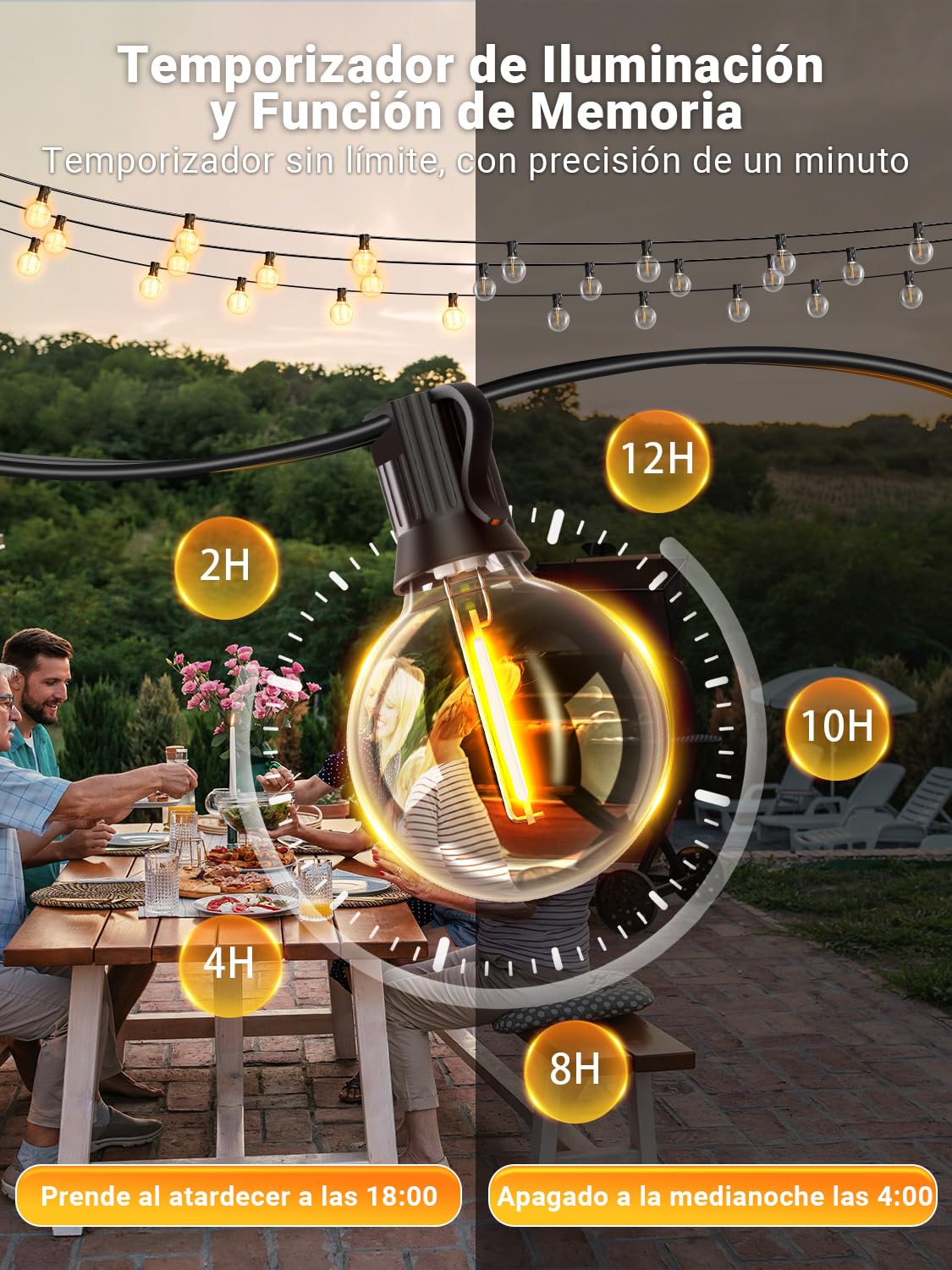 Guirnalda Luces Exterior 30M, Control App Guirnaldas de Luces Exterior con G40 Bombillas, 4 Modos y Música Sync IP44 Impermeable Luces Led Interior para Jardín, Terraza, Fiesta