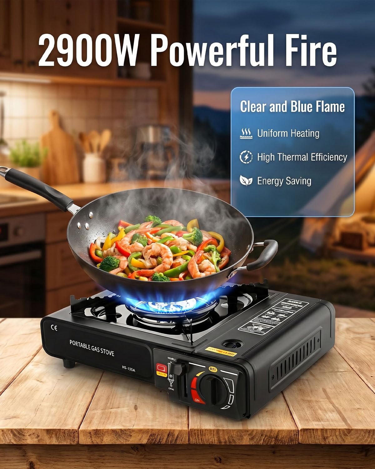 Réchaud à gaz de camping portable avec étui de transport, réchaud de camping coupe-vent avec allumage facile, réchaud à gaz d'extérieur compact pour pique-nique, camping et barbecue