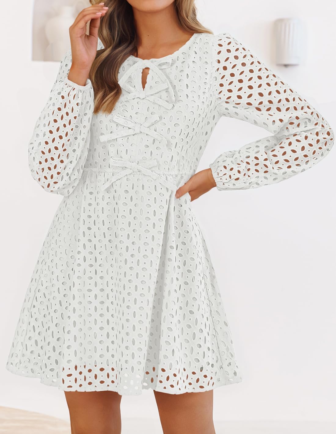 ZESICA Women's Long Sleeve Mini Dress 2026 Fall Crewneck Tie Front Hollow Out Eyelet Babydoll A Line Short Dresses - Image 3