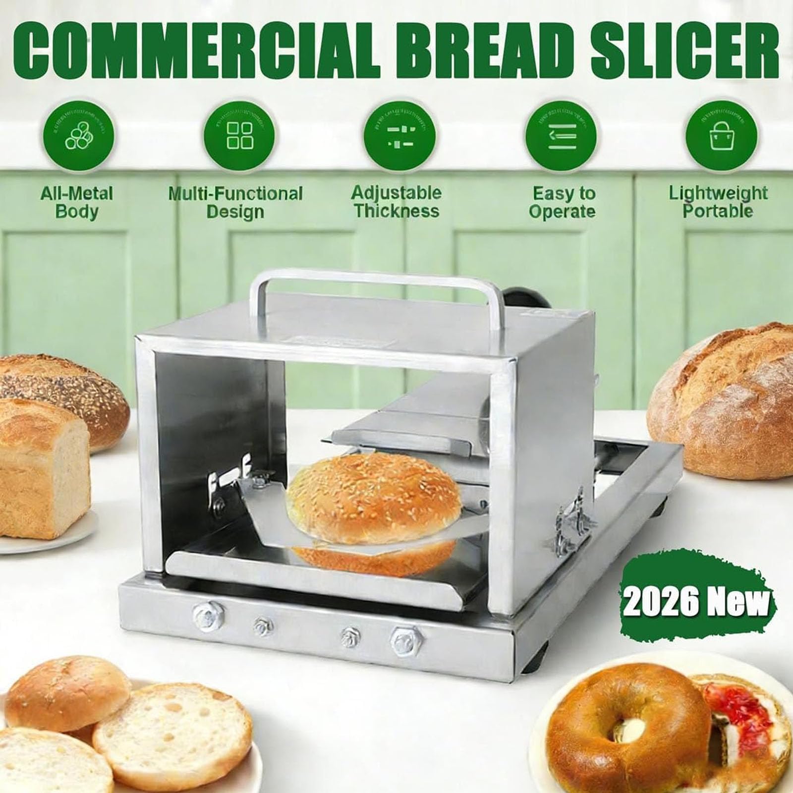 Cortador de bagel comercial manual para hamburguesas, guillotina de pan con hoja de acero inoxidable para cortar bagels y rebanadas de panecillos, máquina de porción portátil para el hogar y panadería