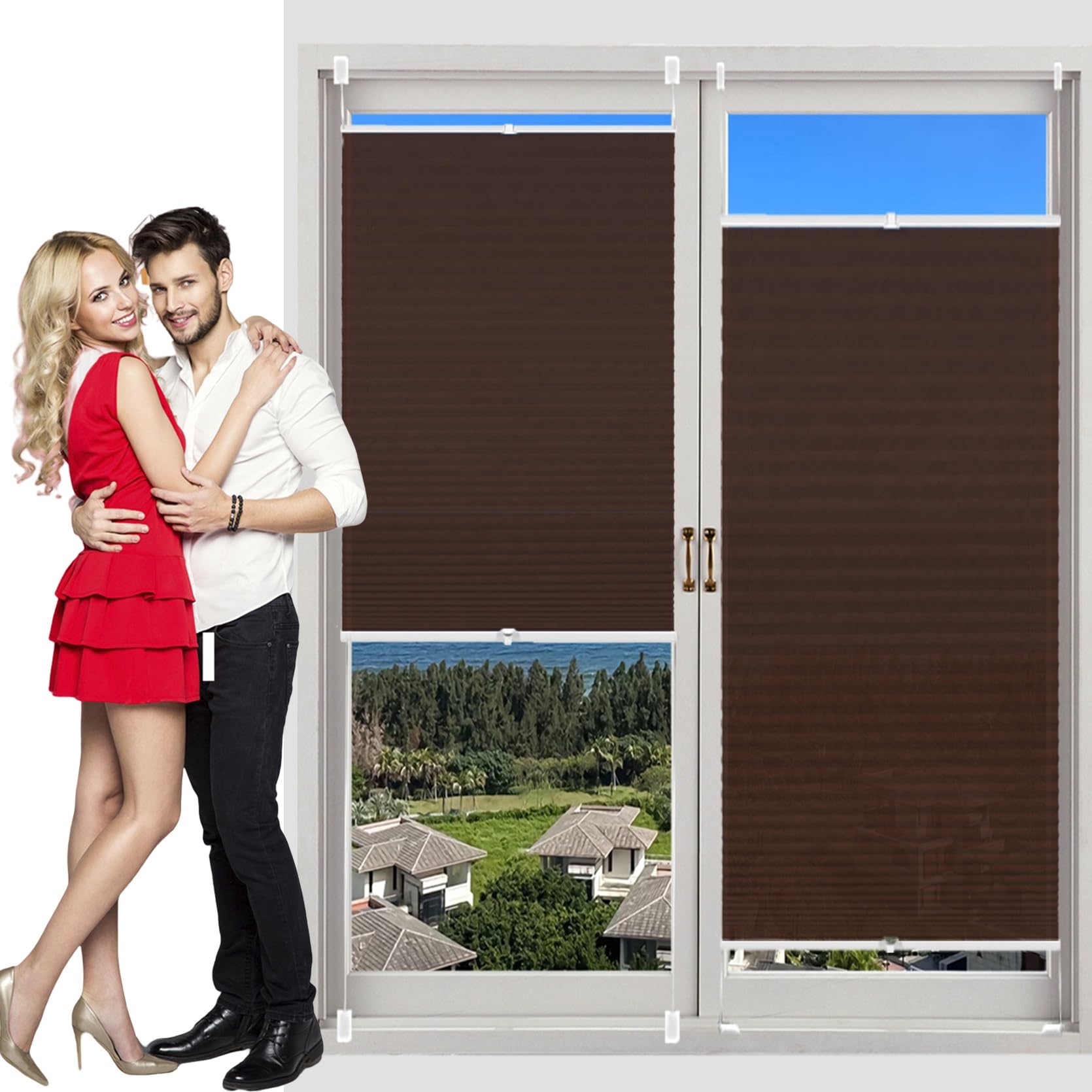 Temporary Shade Blinds No Drill Blinds 20 x 50 cm (W x H), Self-Adhesive Non-Woven, Crumpled Effect, No-Punch Sunshade Curtains, Cordless Window Blinds, for Window Door, Brown