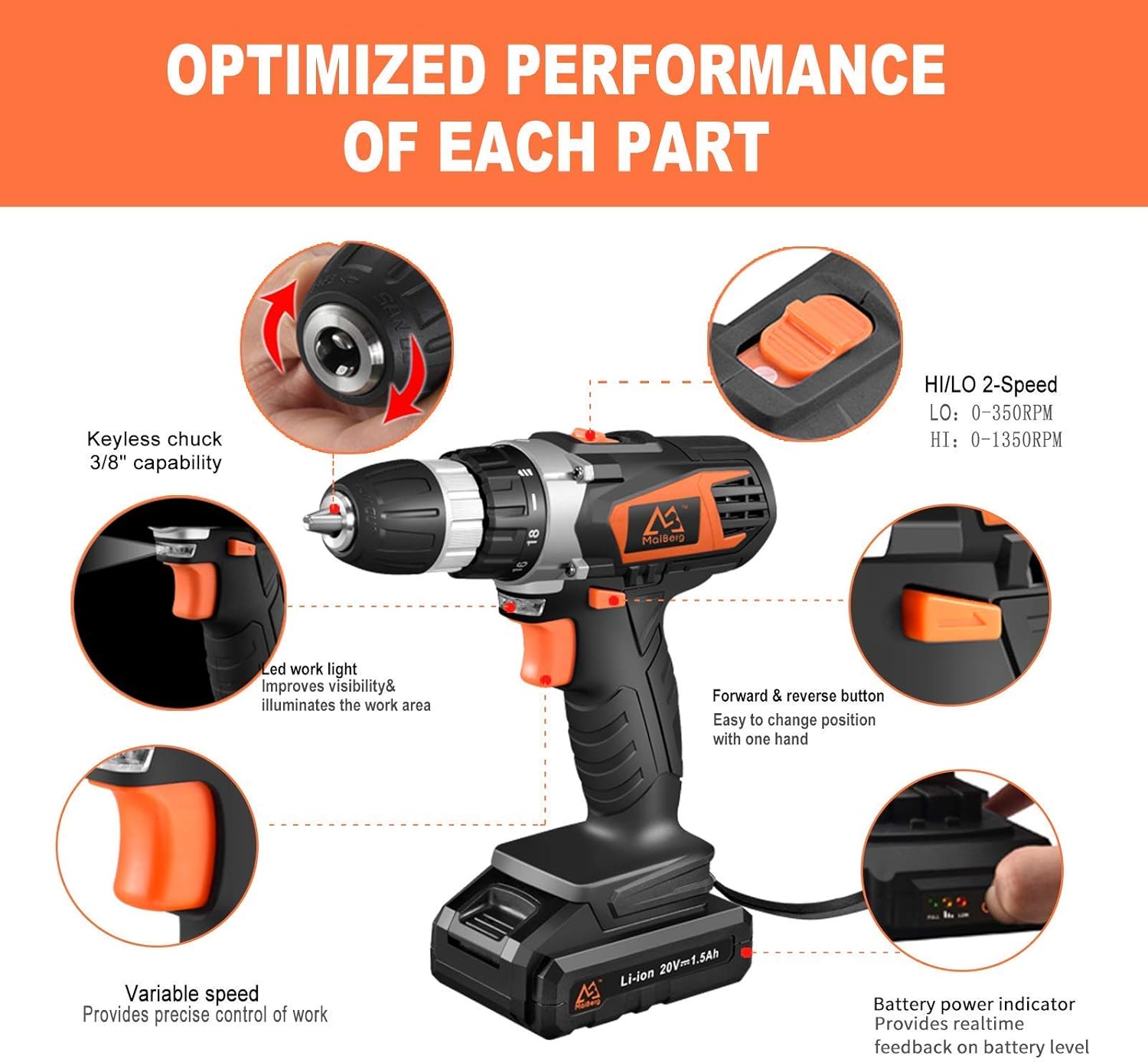 Exсluѕіvе Dіѕсоunt 60% Prісе MAIBERG Cordless Drill Driver Set, Electric Power Screwdriver Kit with 20V Battery, 1hour Charger, Cleaning Brushes, 3/8 Keyless Chuck, 2 Variable Speed, Bits and Canvas Bag