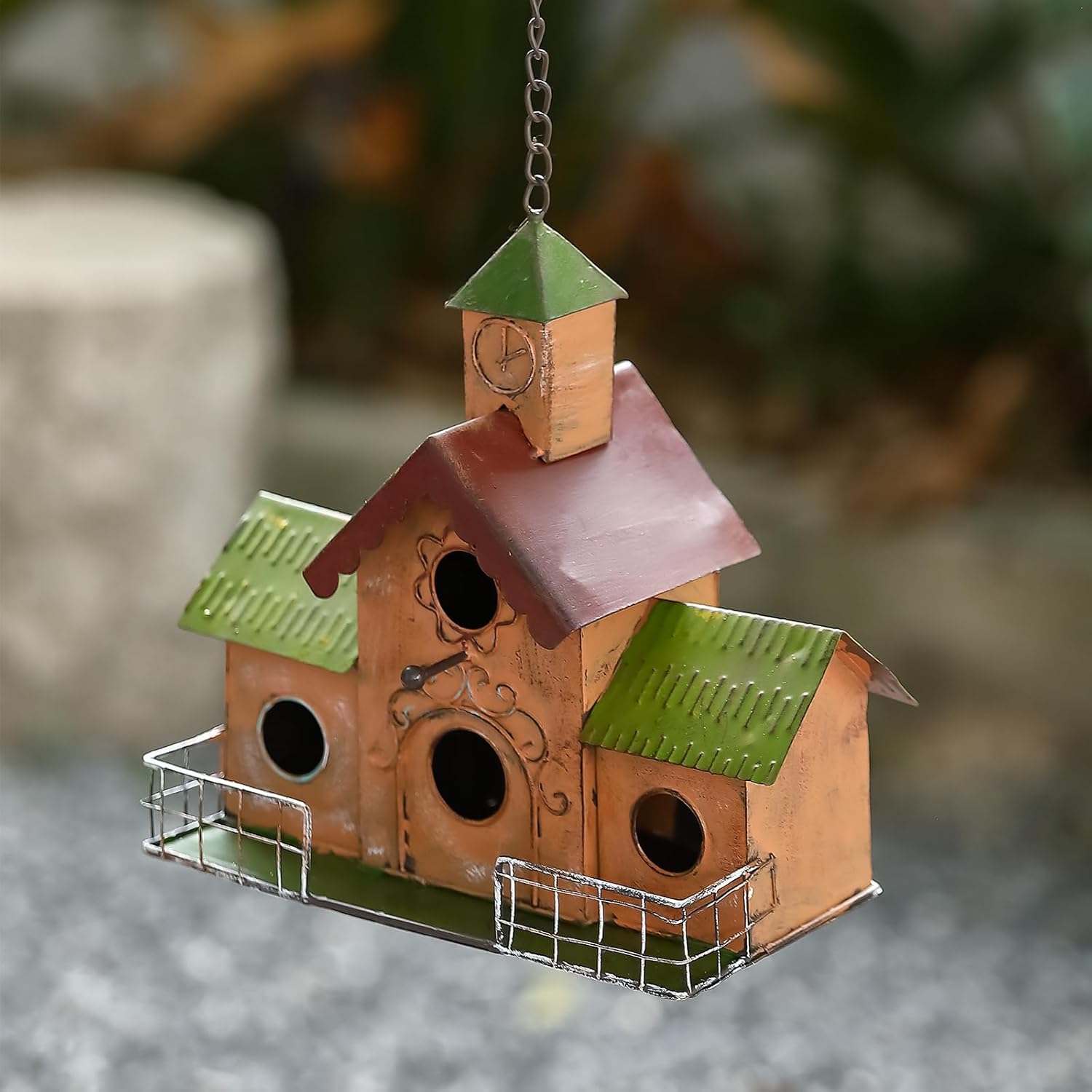 Large Bird Houses for Outside Hanging, 4 Hole Outdoor Bird House with Clock Tower, Easy Clear, Metal Bird Houses for Outside with Perches.
