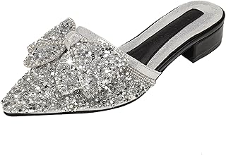 Women's Shiny Rhinestone Bow Chunky Heels Mules Fashion Comfortable Closed Pointed Toe Slip On Low Heel Slides Sandals for Party Date Wedding Dressy Clogs