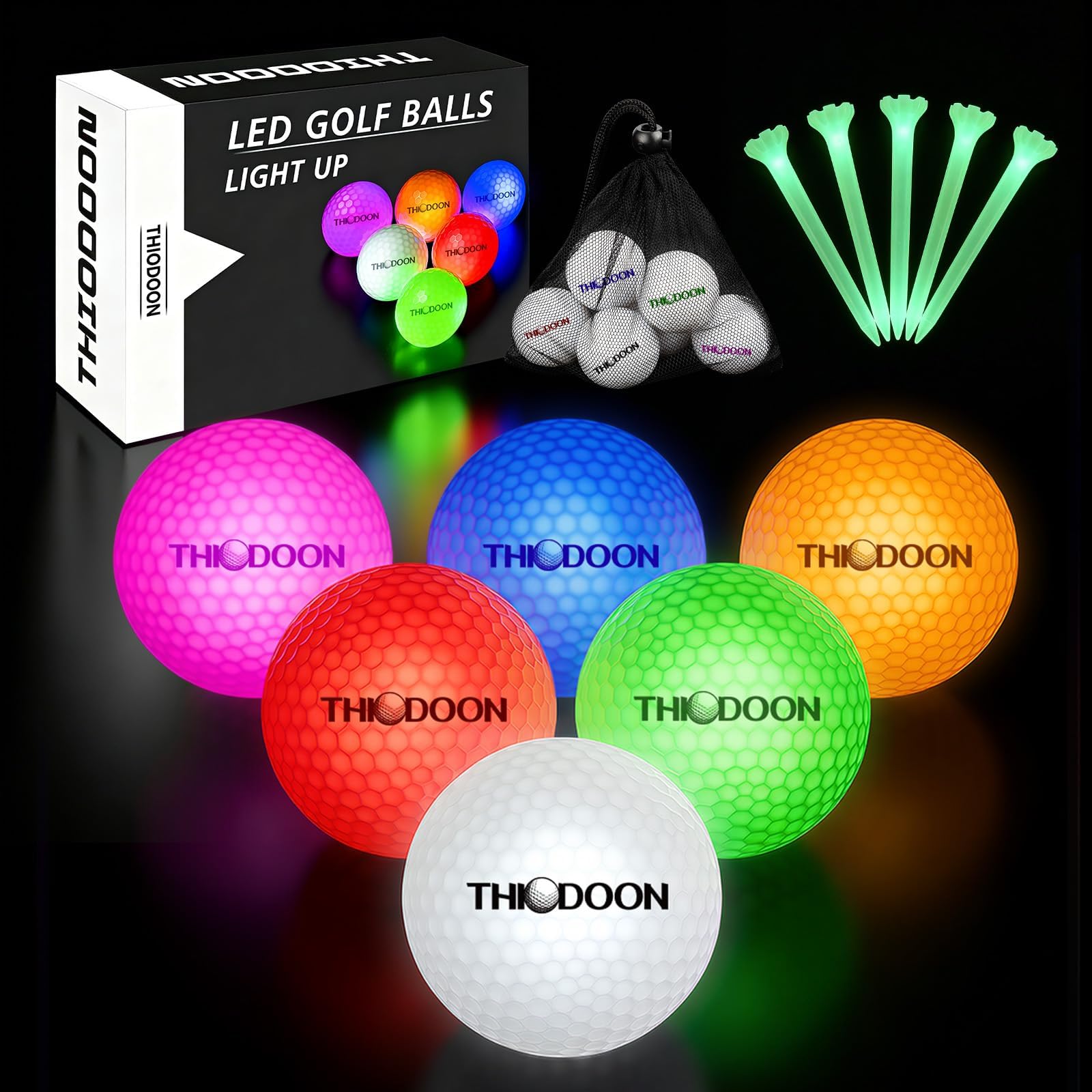 THIODOON Glow in The Dark Golf Balls Light up Led Golf Balls Night Golf Gift Sets for Men Kids Women 6 Pack (6 Colors in one with Glow Golf Tees and Storage Bag) for On-Course & Backyard Use