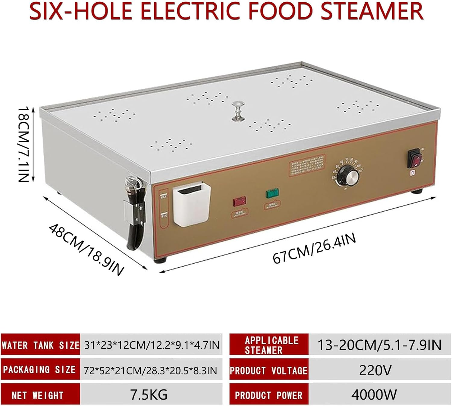 Stainless Steel Electric Food Steamer, 6-Hole Commercial Kitchen Steaming Machine with Dry Boiling Alarm, 2/4/6 Tier Food Cooking, Durable U-Tube Heating System