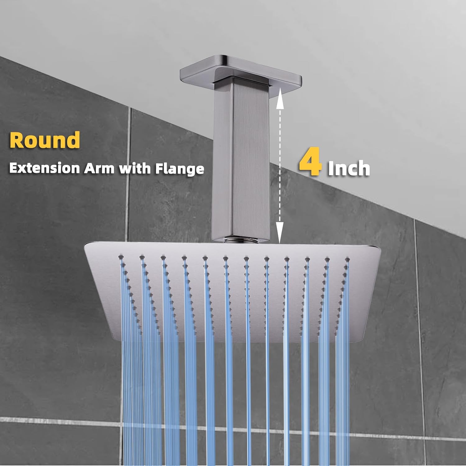 4 Inch Shower Arm with Flange, BSTIIU Ceiling Mounted Square Shower Head Extension Arm, 1/2 NPT Straight Arm for Rain Shower Head, Shower Head Extension Replacement Pipe Arm, Brushed Nickel
