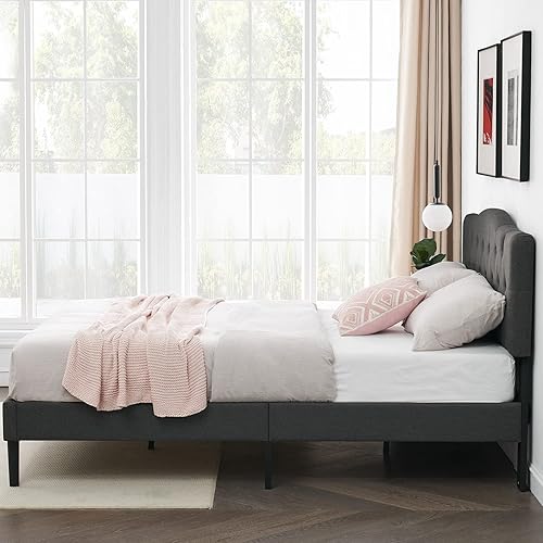 Miniatura 5 de VECELO Base de cama tamaño matrimonial tapizada con cabecera ajustable copetudabase de colchón con soporte de listones de madera, fácil montaje,