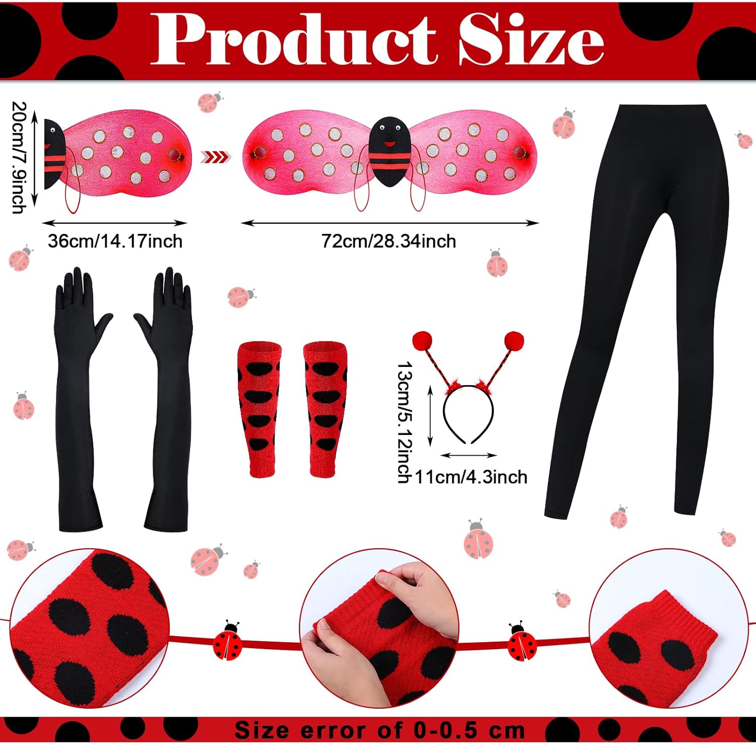 Laumoi Halloween Ladybug Costume Women Adults Cosplay Outfit Ladybug Wing Dress Headband Leg Warmers Top Pants (Medium)