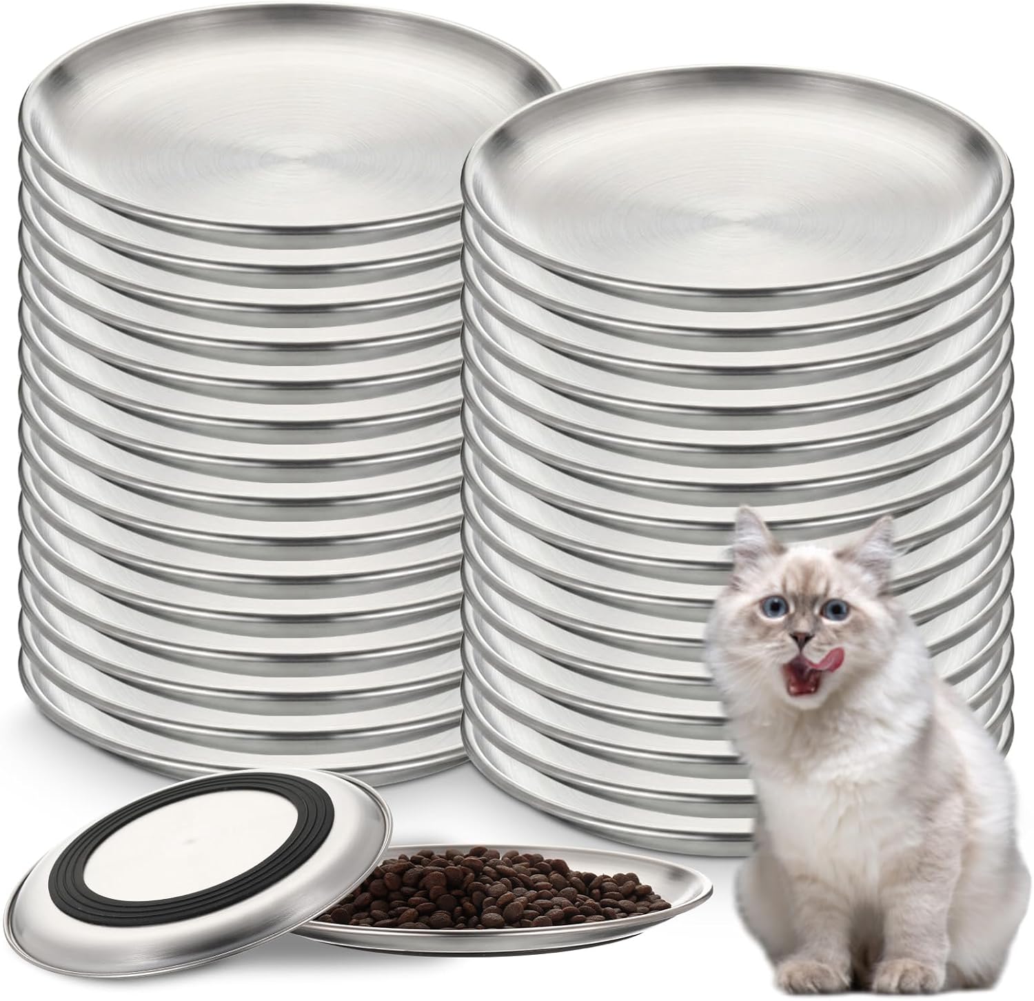 Unittype 30 Pcs Stainless Steel Cat Bowls 13 oz Kitten Bowls Non-Slip Silicone Bottom Cat Plates Pet Flat Dish Non Slip Bowl for Wet Dry Food
