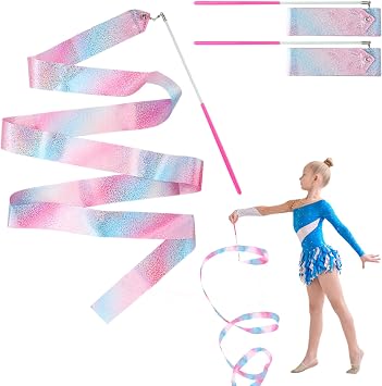 2 Pcs Flashing Dance Ribbons with Pink Wand, 78.7 Inch Gymnastics Ribbon Dancer Wand Dancing Ribbon Streamers for Kids, for Talent shows, Artistic Dancing, Baton Twirling