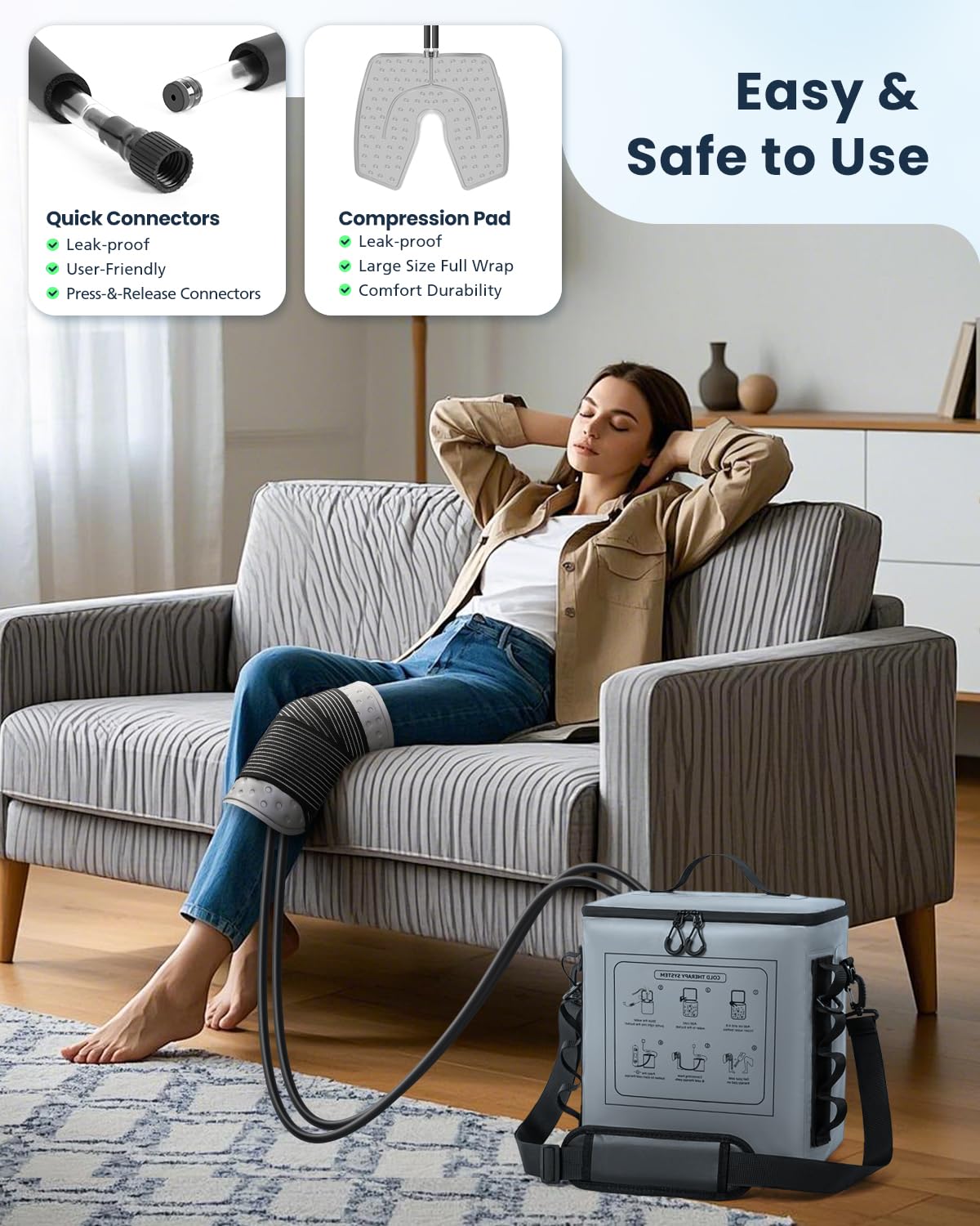 Máquina de terapia de frío con temporizador, máquina de hielo portátil para rodilla después de la cirugía, sistema de recuperación de reemplazo de rodilla con almohadilla de compresión para