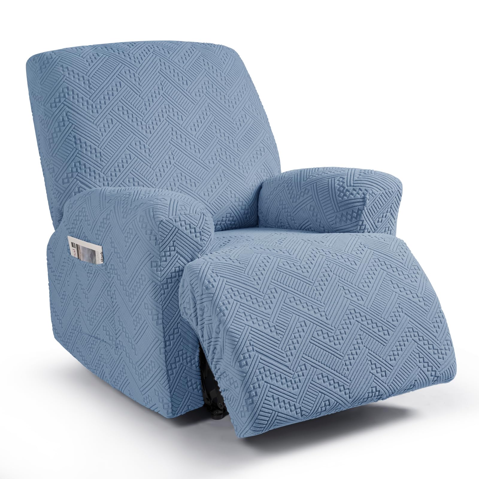 Stretch Recliner Chair Covers, 3-Pieces Recliner Covers for Recliner Chair Soft Jacquard Reclining Chair Cover Furniture Protector with Elastic Straps Bottom (1 Seater, Light Blue)